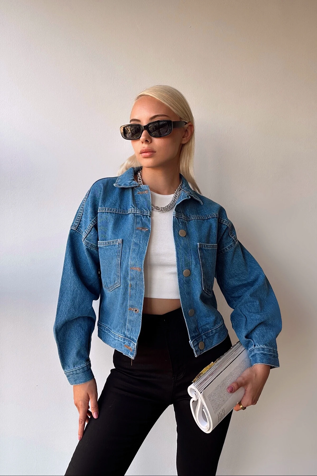 Mavi Çift Cepli Crop Yıkamalı Denim Ceket