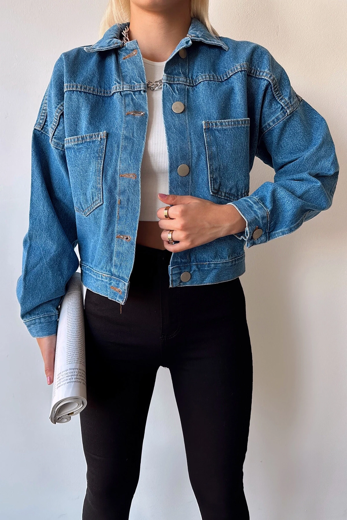 Mavi Çift Cepli Crop Yıkamalı Denim Ceket