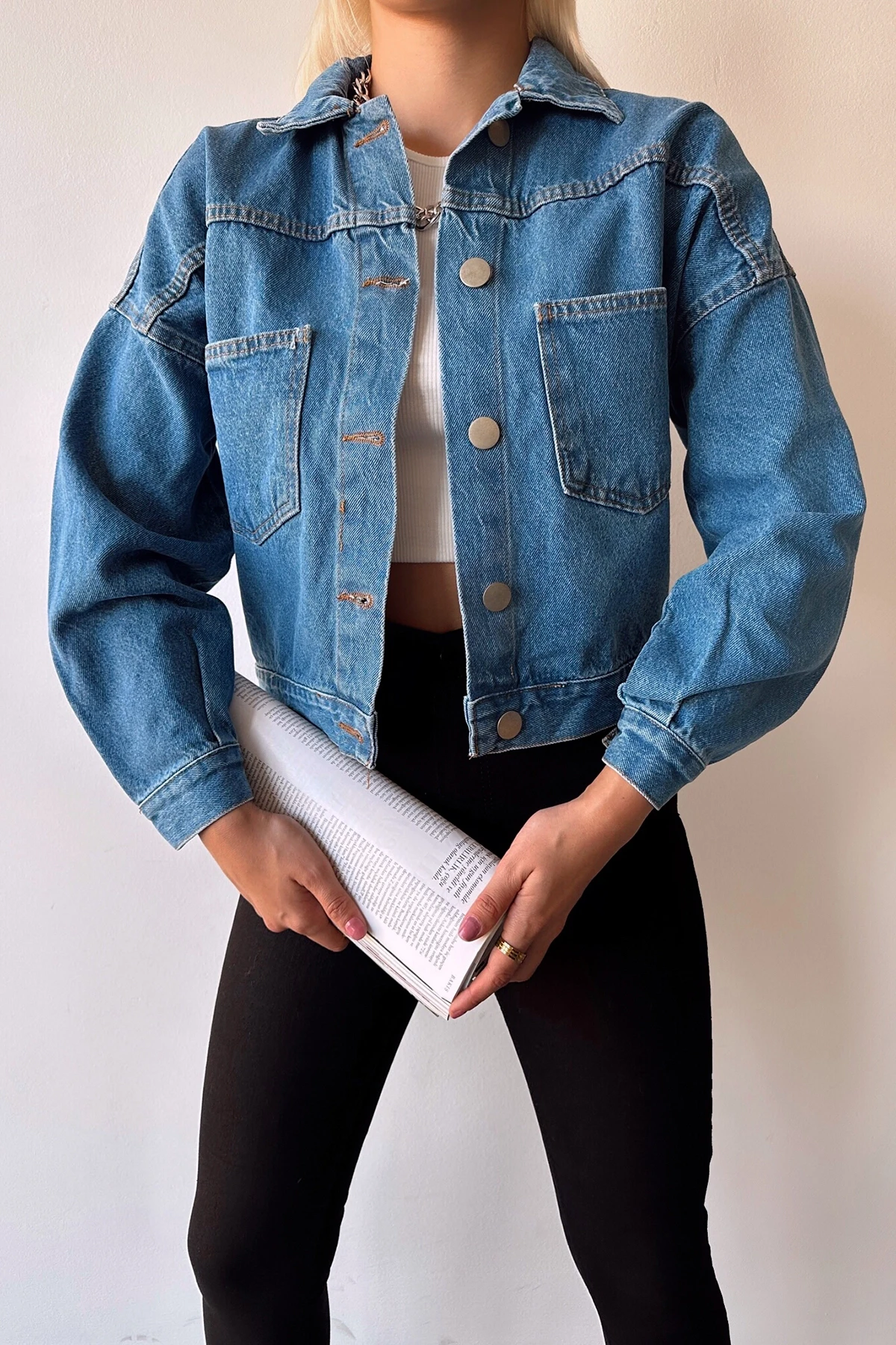 Mavi Çift Cepli Crop Yıkamalı Denim Ceket