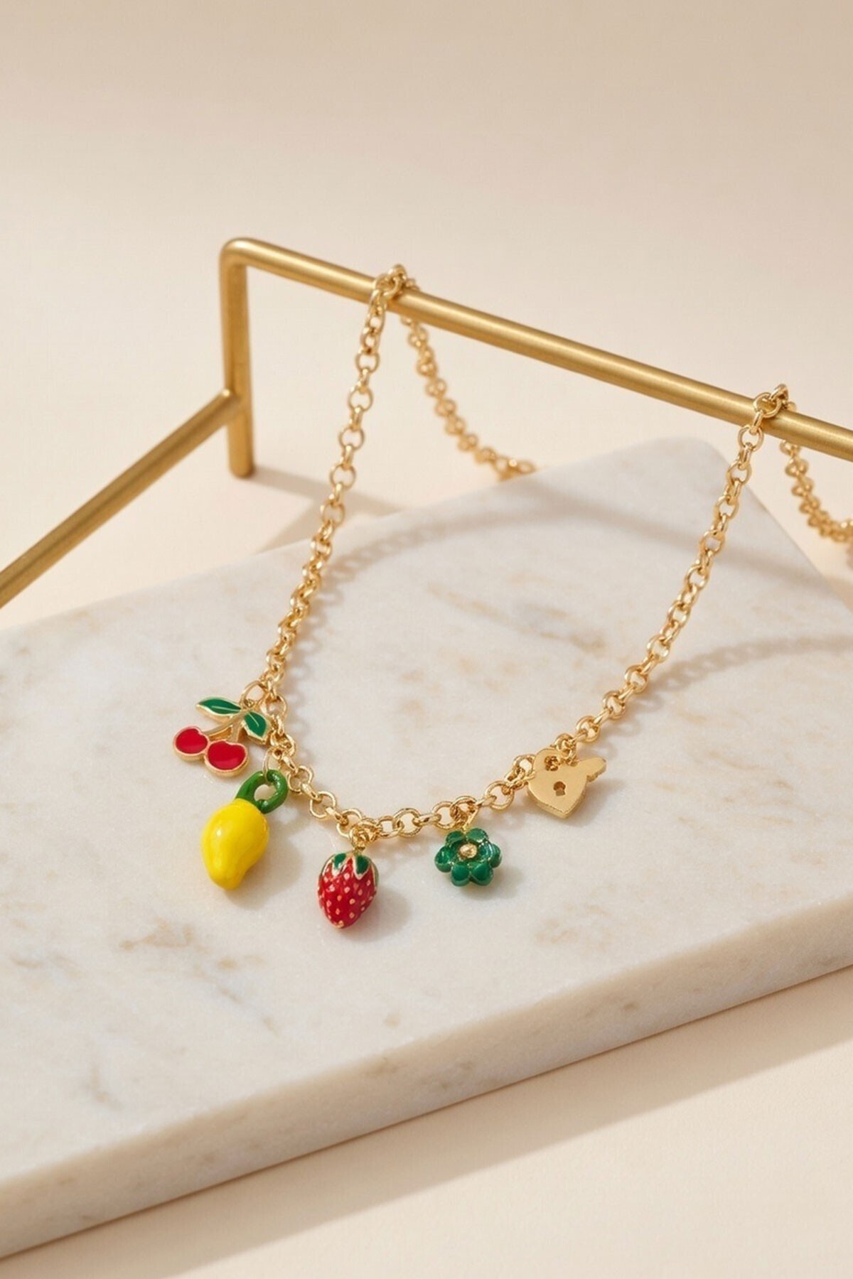 Gold Çilek Ve Limon Figürlü Charm Kolye