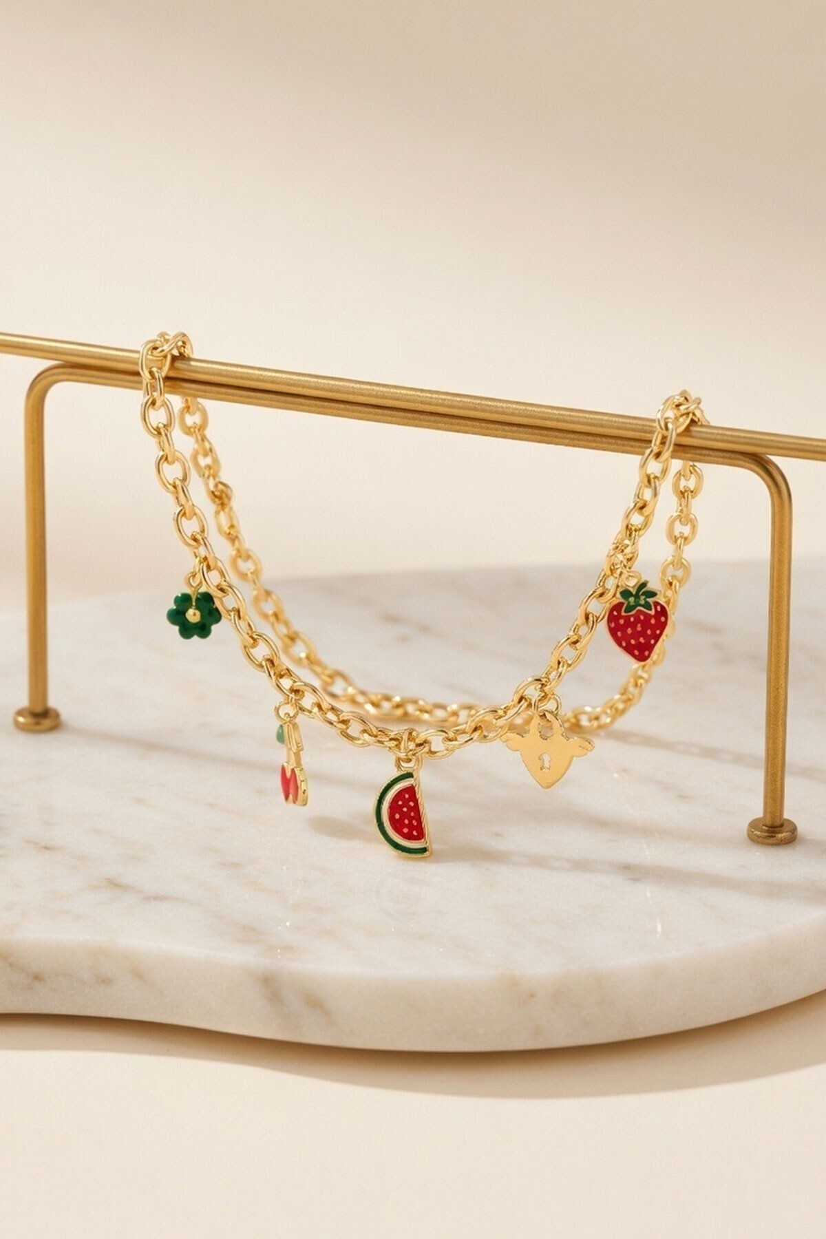 Gold Karpuz Ve Kiraz Figürlü Charm Kolye