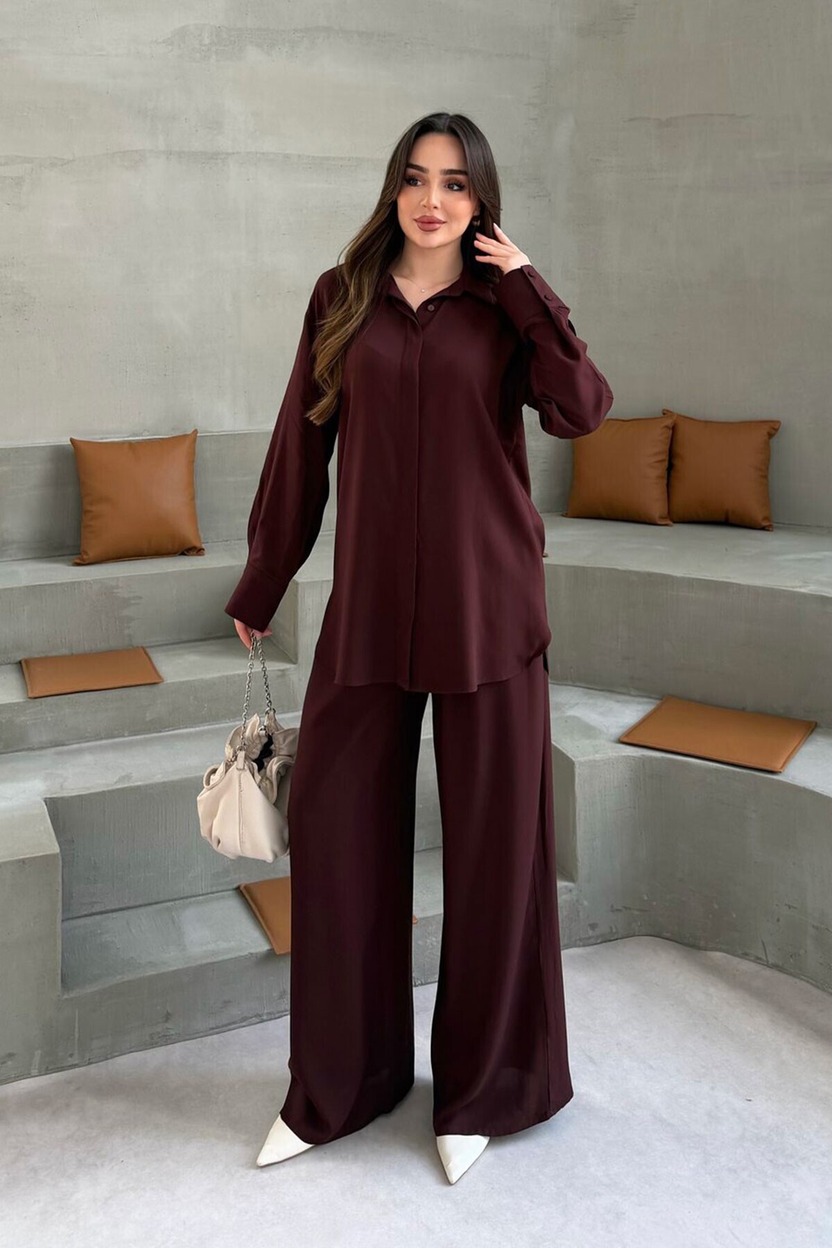Kahverengi Gizli Patlı Gömlek Ve Pantolon Dokuma Alt Üst Takım