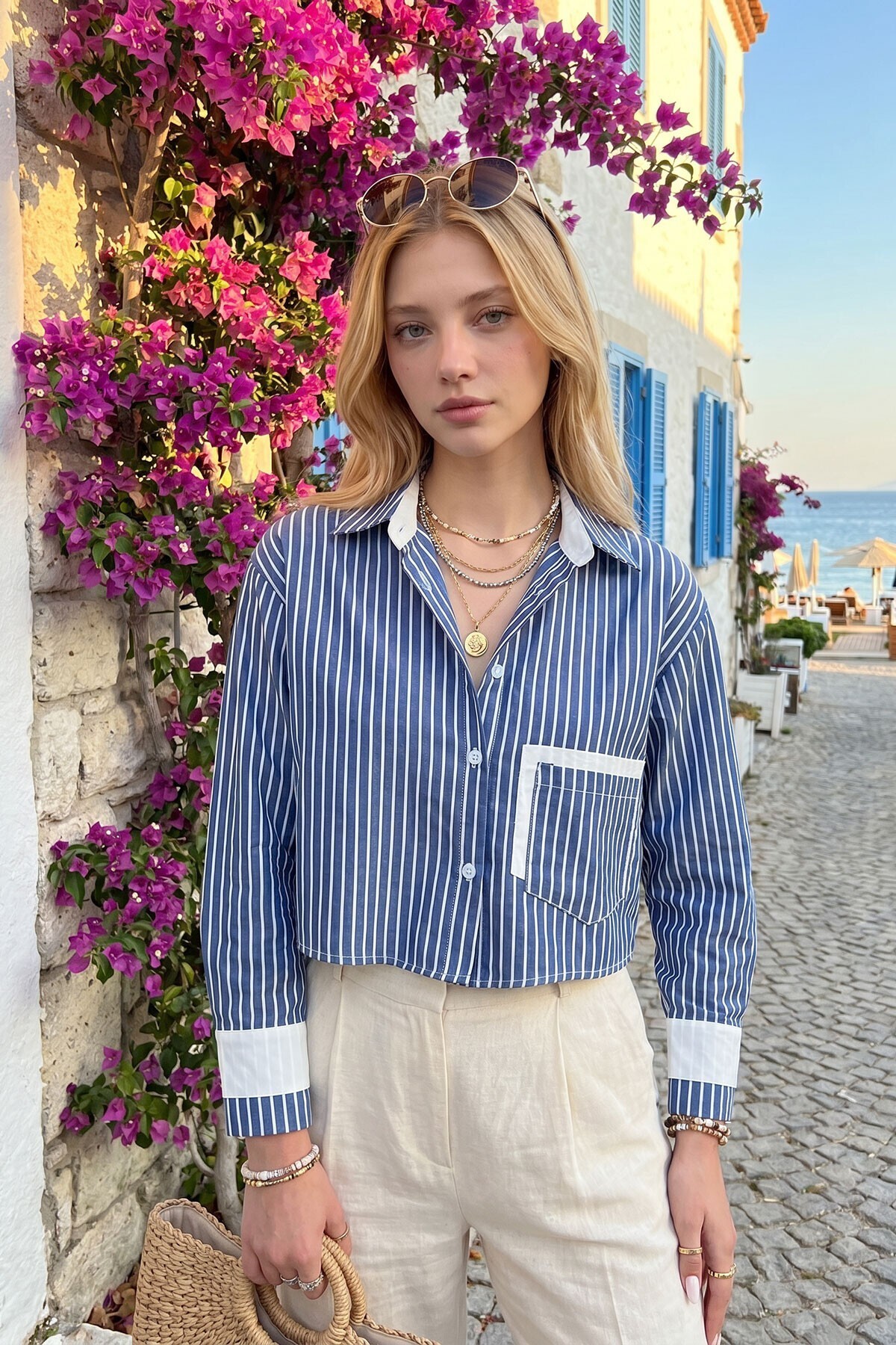 Lacivert Manşet Ve Cepleri Garnili Çizgili Oversize Crop Dokuma Gömlek
