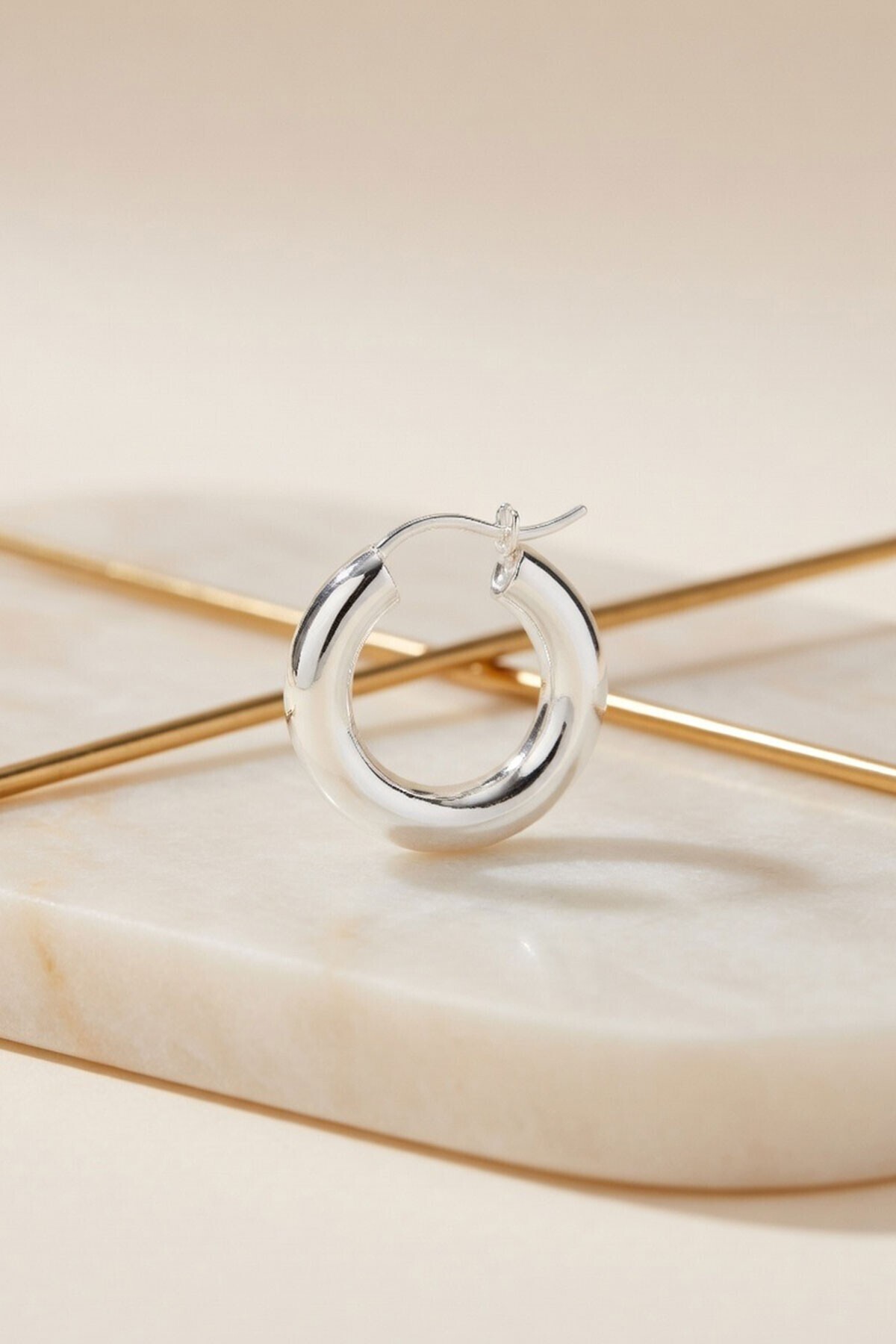 Silver Oval Kenarlı Mini Halka Küpe