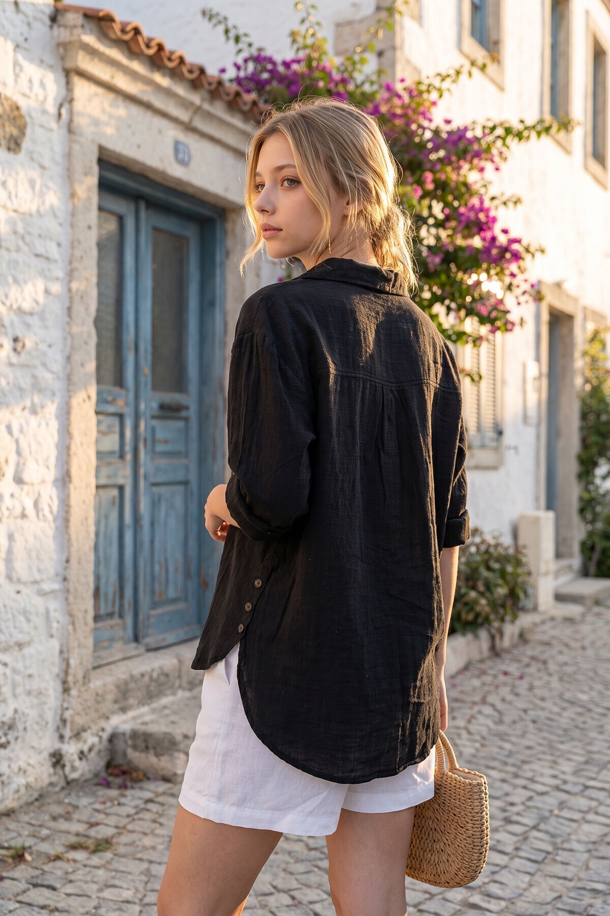 Siyah Yıkamalı Keten Yanı Düğmeli Çift Cep Salaş Gömlek