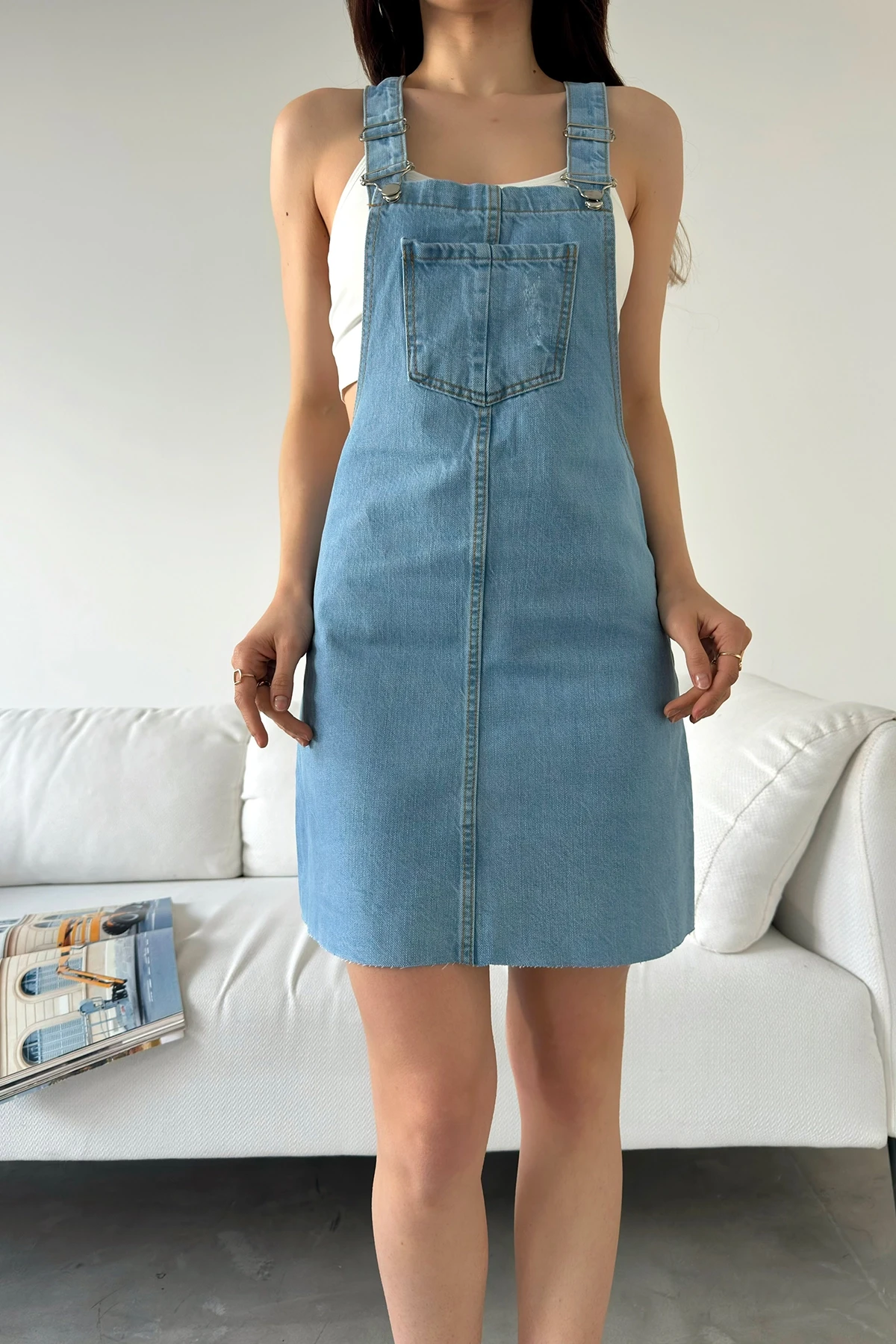 Açık Mavi Askılı Denim Salopet