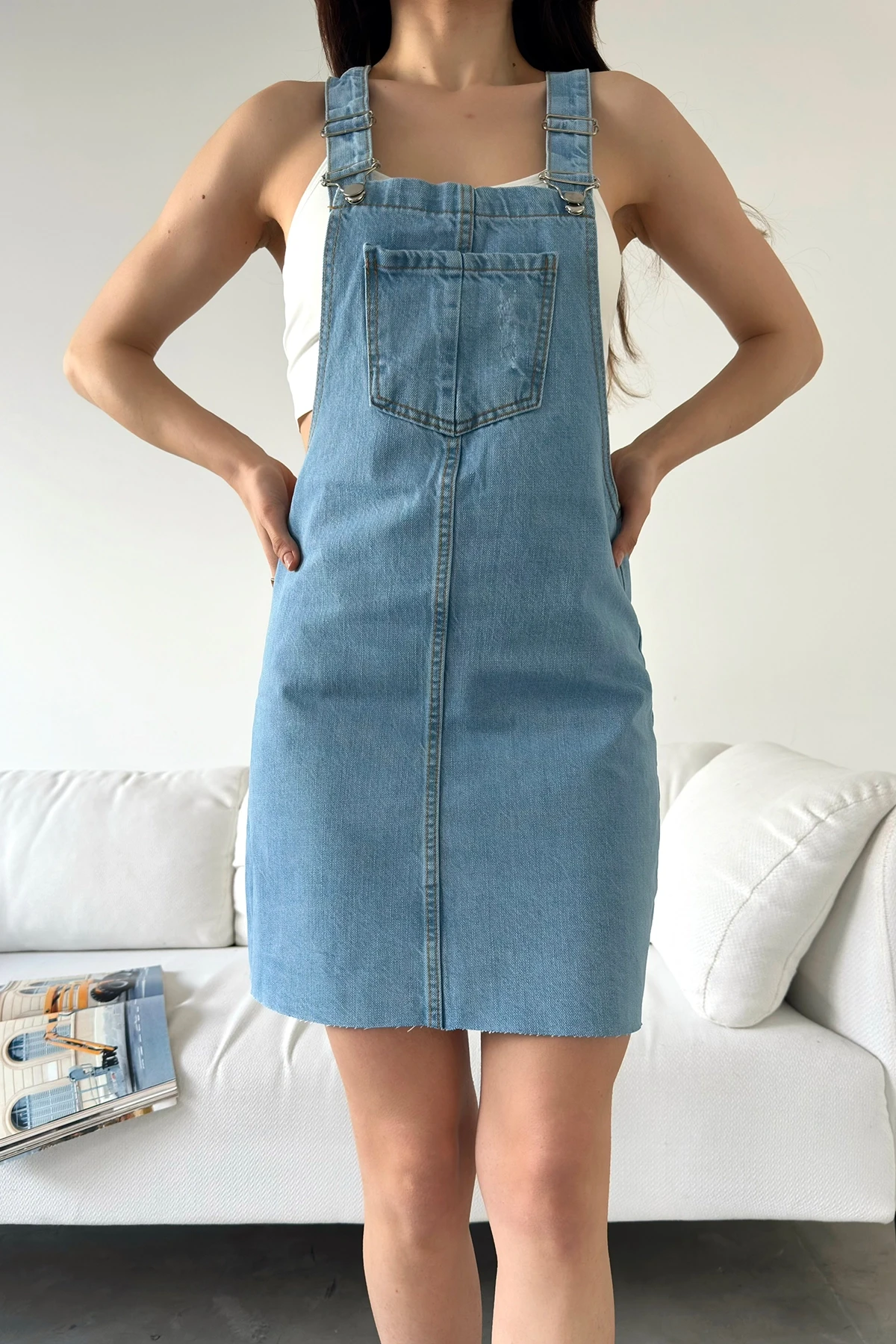Açık Mavi Askılı Denim Salopet