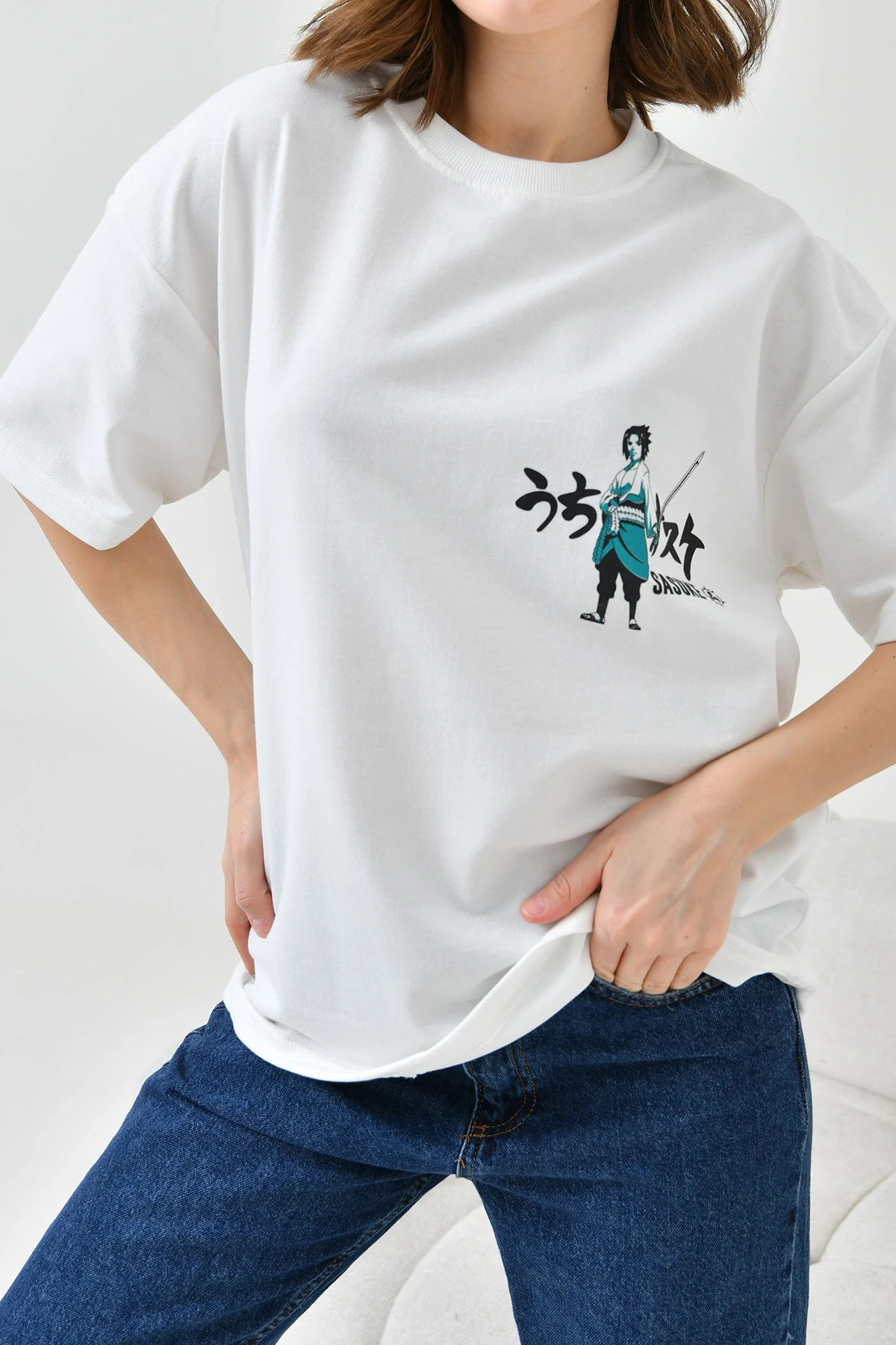 Beyaz Bisiklet Yaka İki İplik Sırtı Baskılı Oversize T-Shirt