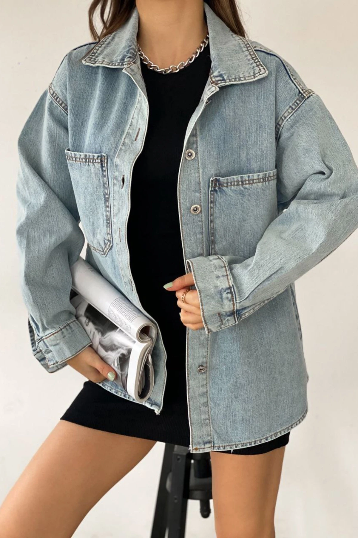 Mavi Çift Cepli Yıkamalı Denim Gömlek Ceket
