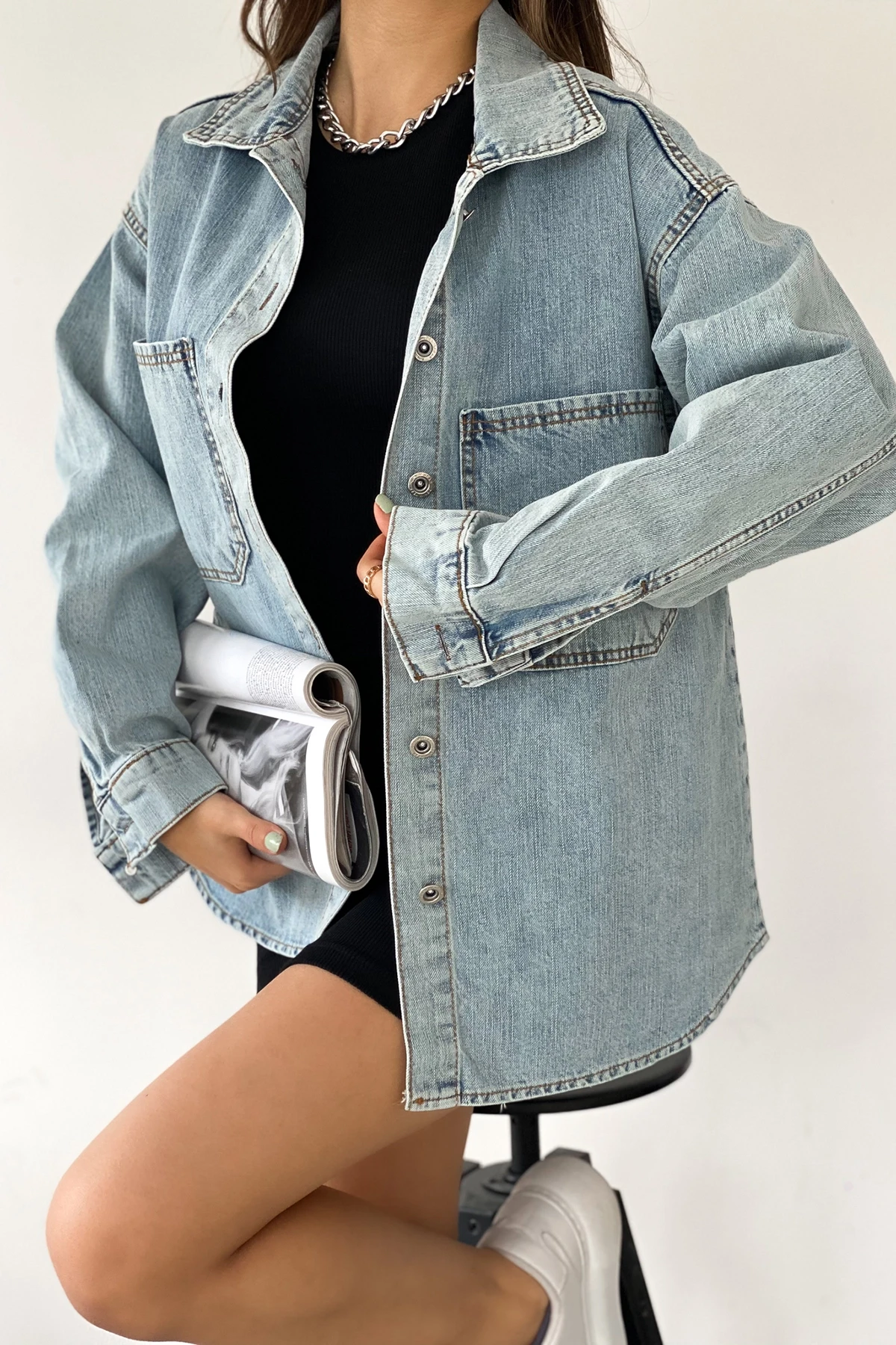 Mavi Çift Cepli Yıkamalı Denim Gömlek Ceket