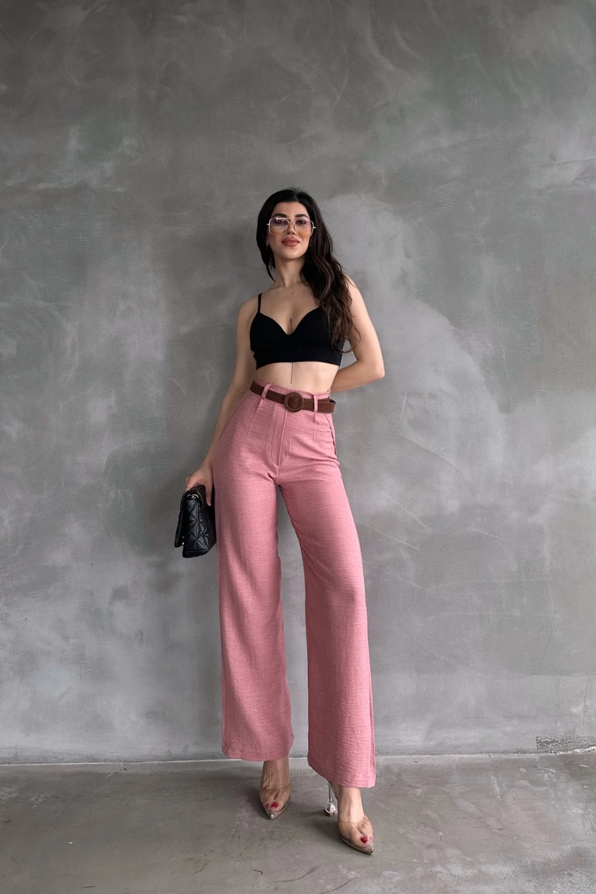 Pudra Beli Kemerli Keten Pantolon