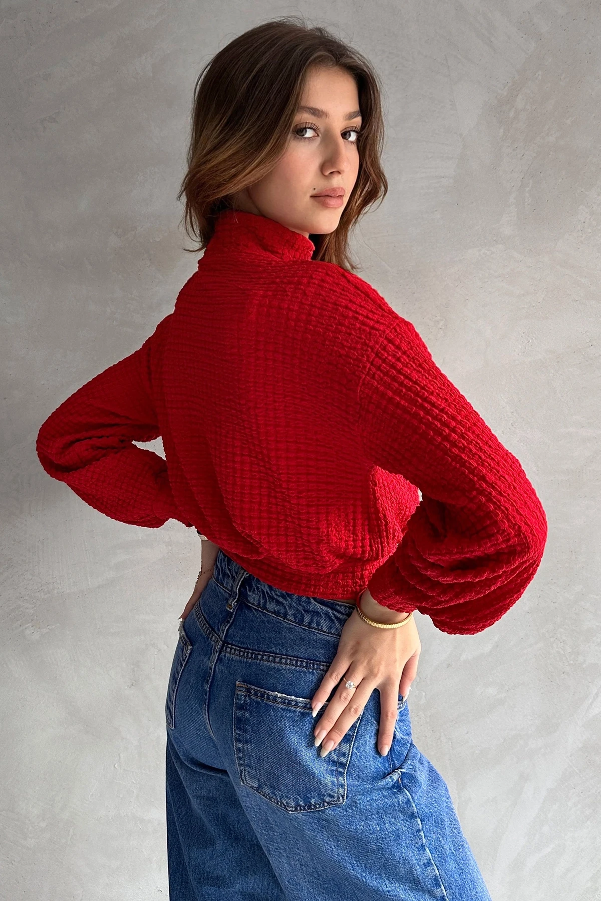 Kırmızı Balıkçı Yaka Dokulu Crop Bluz