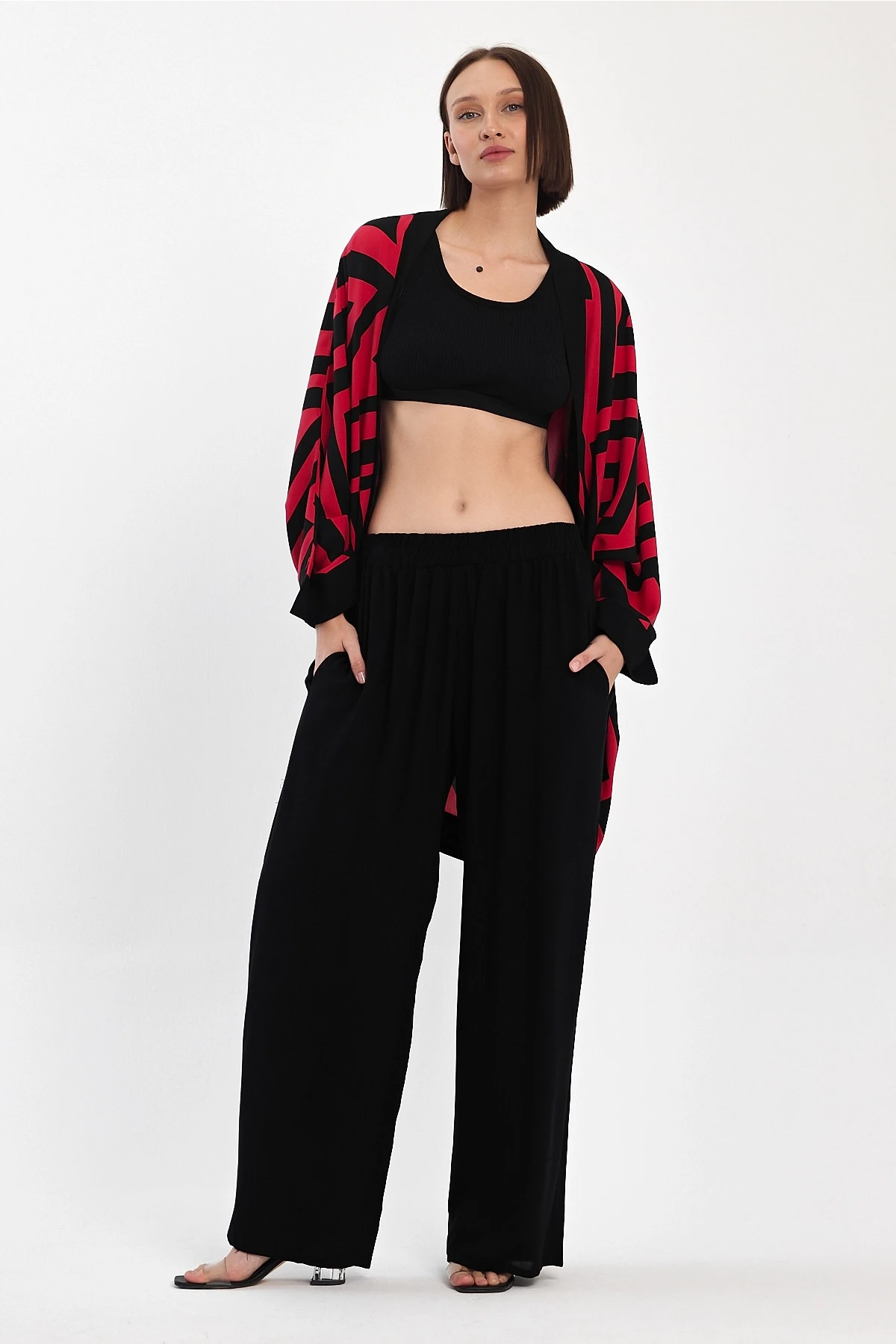 Kırmızı Baskılı Kimono Ve Pantolon Dokuma Viscon Alt Üst Takım