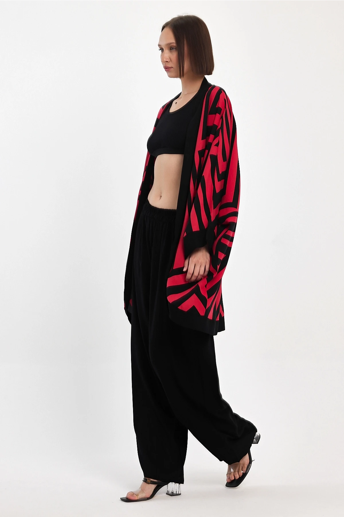 Kırmızı Baskılı Kimono Ve Pantolon Dokuma Viscon Alt Üst Takım