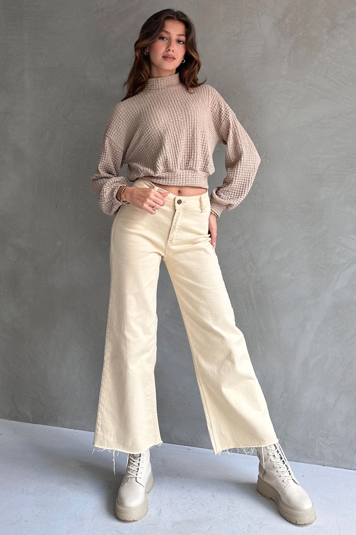 Vizon Balıkçı Yaka Dokulu Crop Bluz