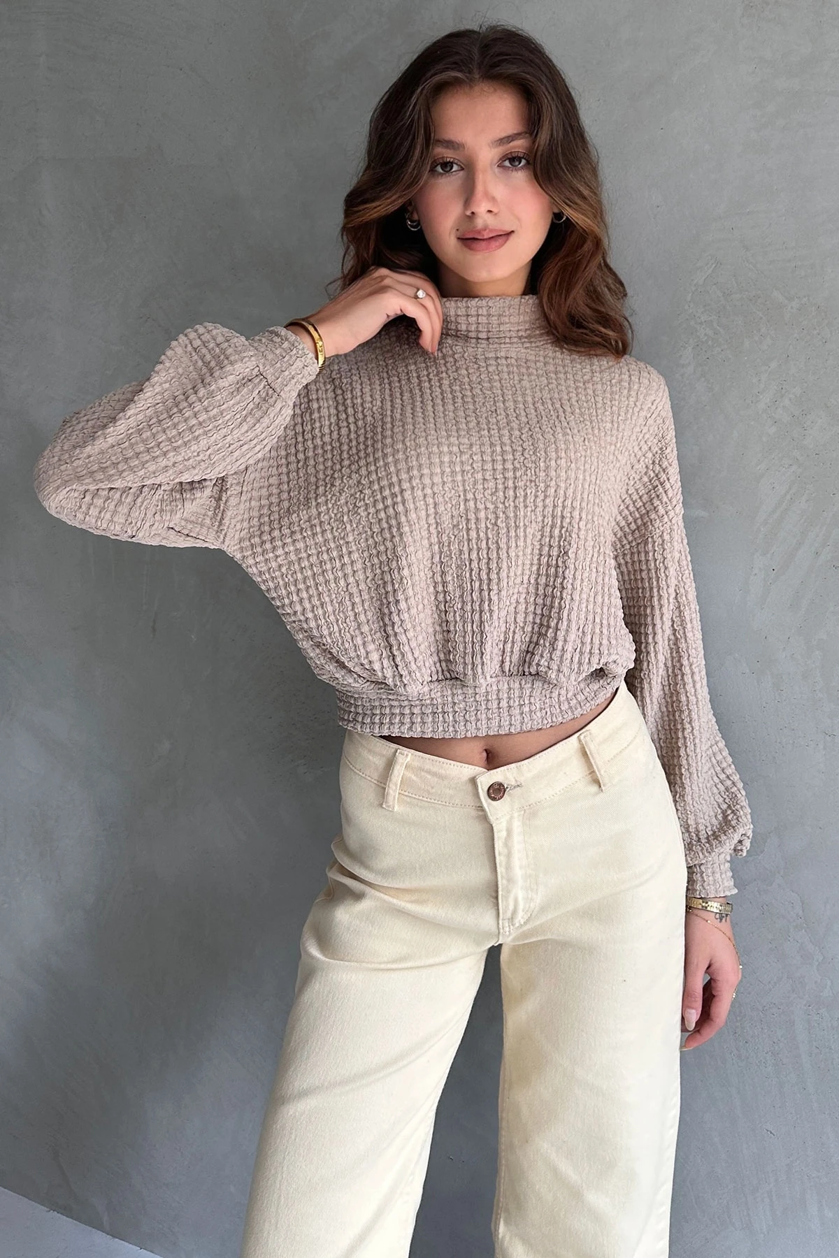 Vizon Balıkçı Yaka Dokulu Crop Bluz