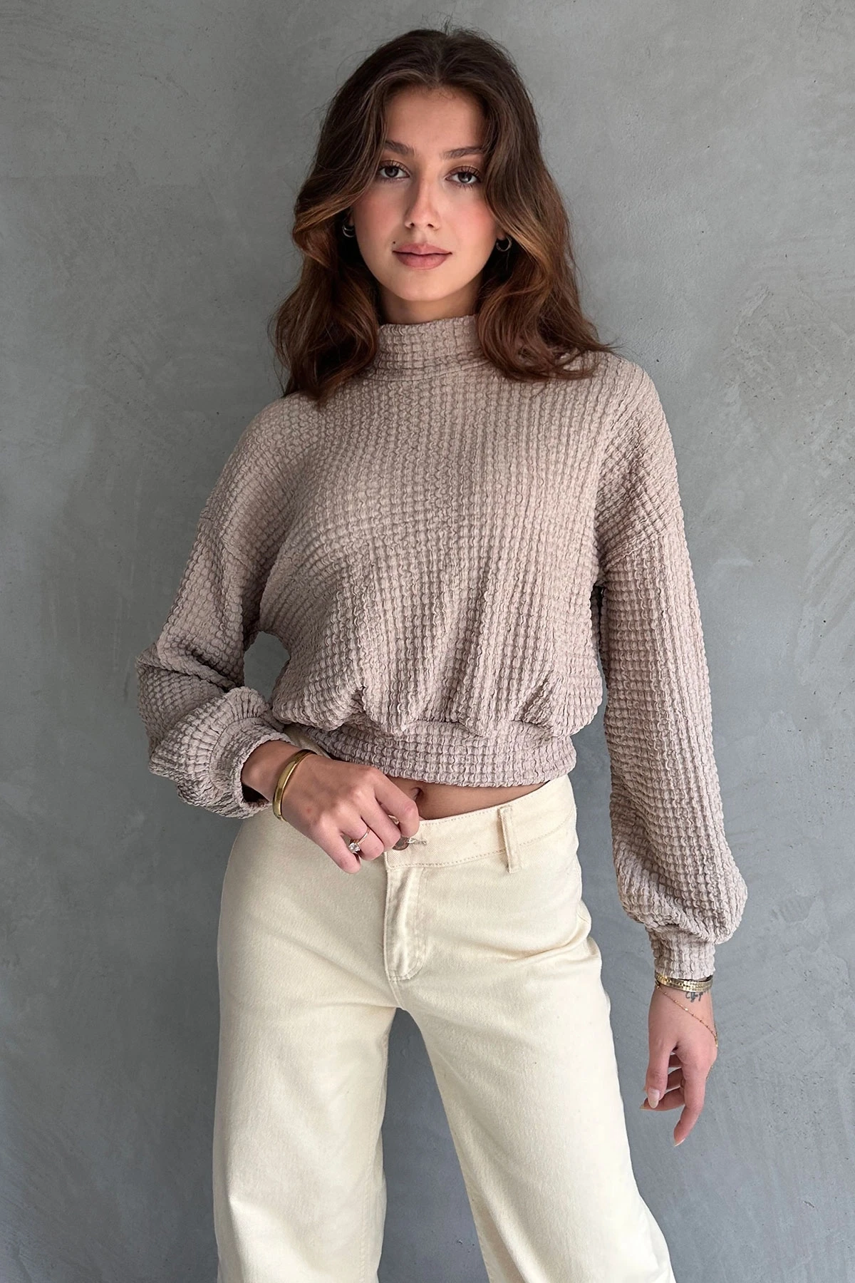 Vizon Balıkçı Yaka Dokulu Crop Bluz