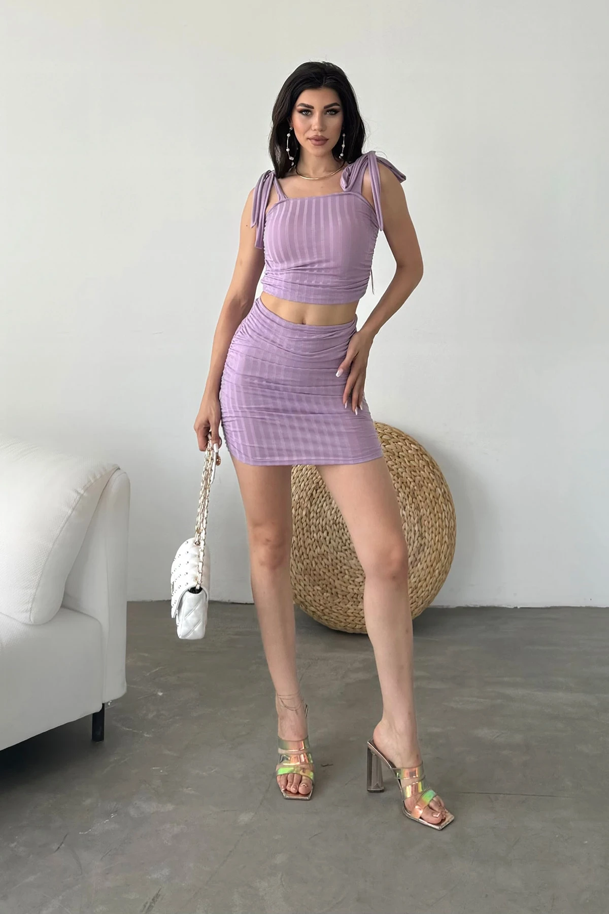 Lila Bağcık Detaylı Crop Bluz Ve Etek İkili Takım