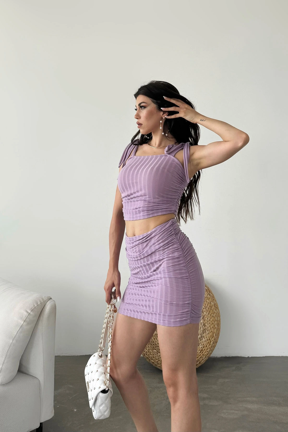 Lila Bağcık Detaylı Crop Bluz Ve Etek İkili Takım
