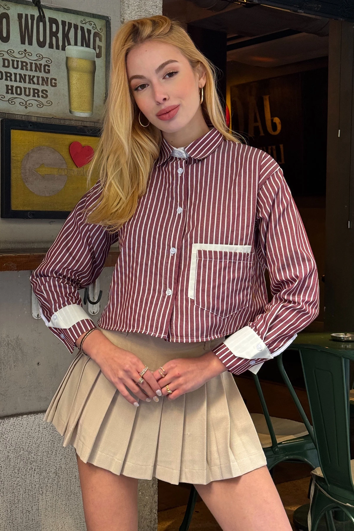 Bordo Manşet Ve Cepleri Garnili Çizgili Oversize Crop Dokuma Gömlek