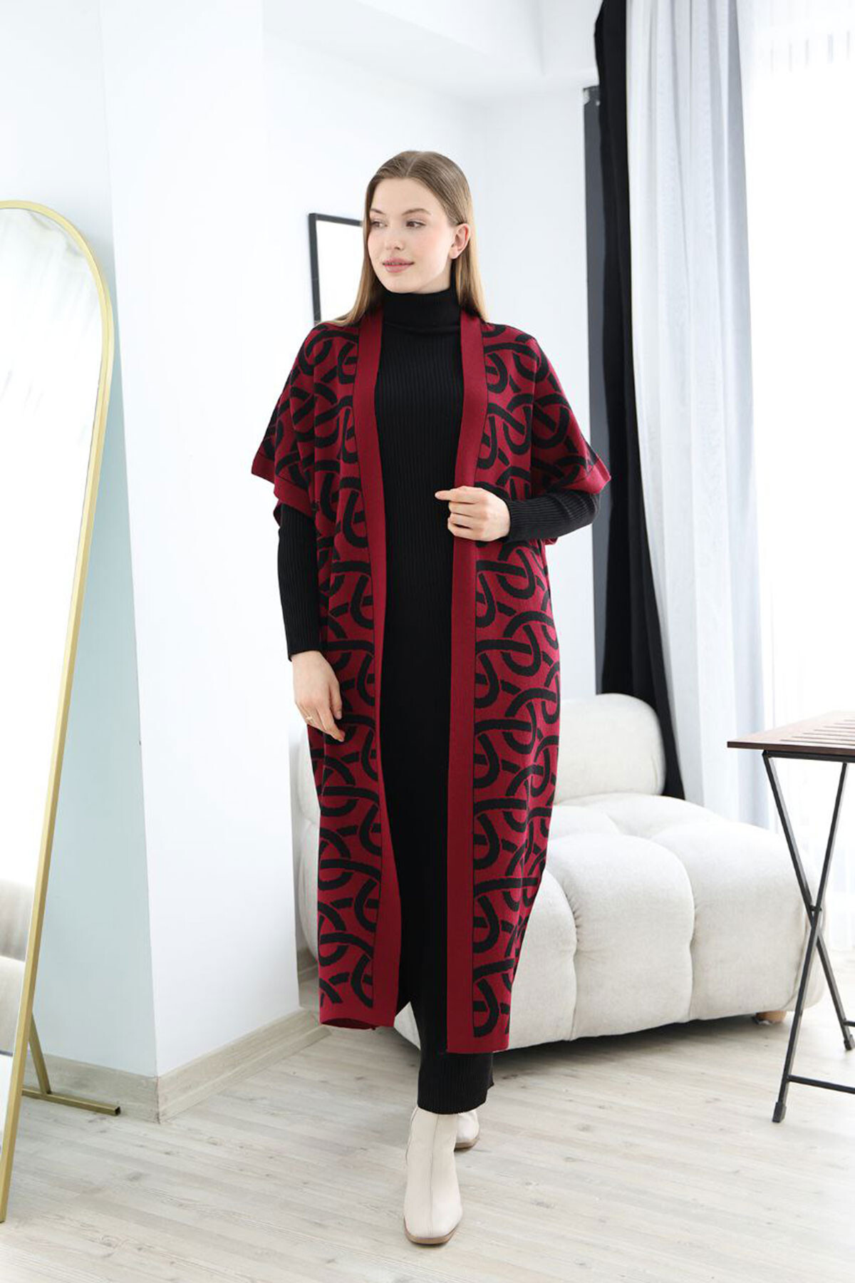 Bordo Boğazlı Triko Elbise Ve Uzun Desenli Hırka Alt Üst Takım