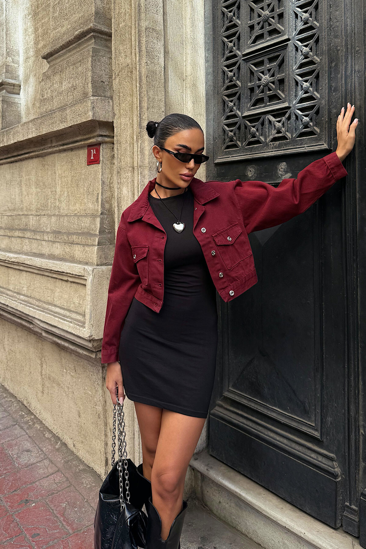 Bordo Çift Cep Denim Crop Ceket