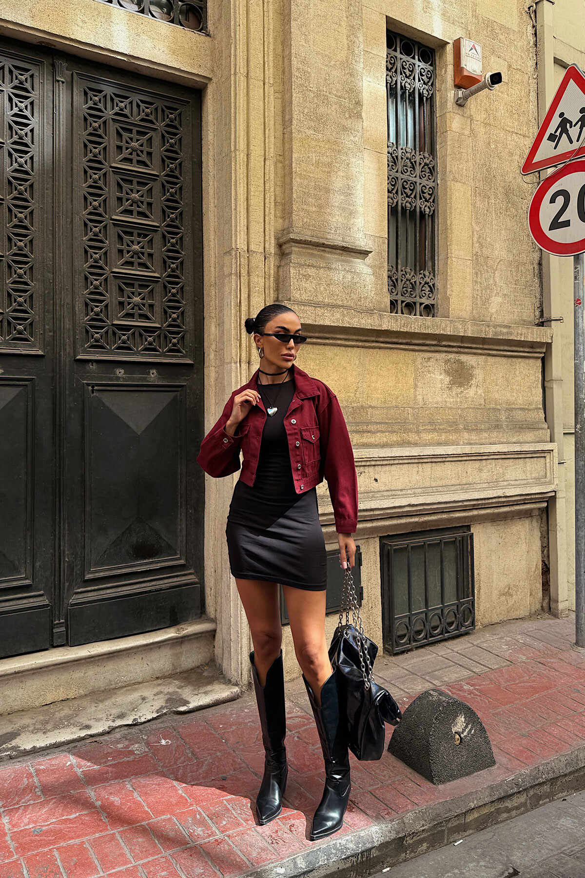 Bordo Çift Cep Denim Crop Ceket