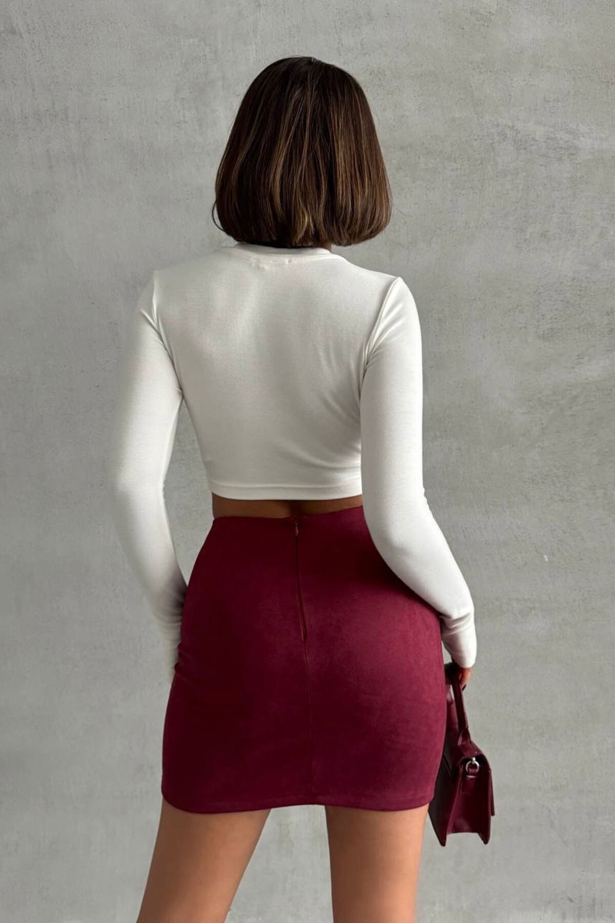 Bordo Çimalı Süet Etek