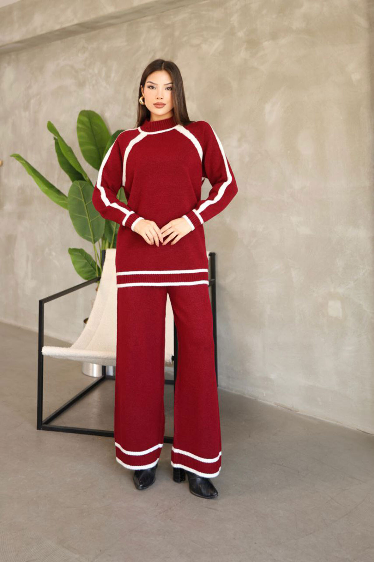 Bordo Çizgi Detaylı Bisiklet Yaka Tunik Ve Geniş Paça Triko Alt Üst Takım