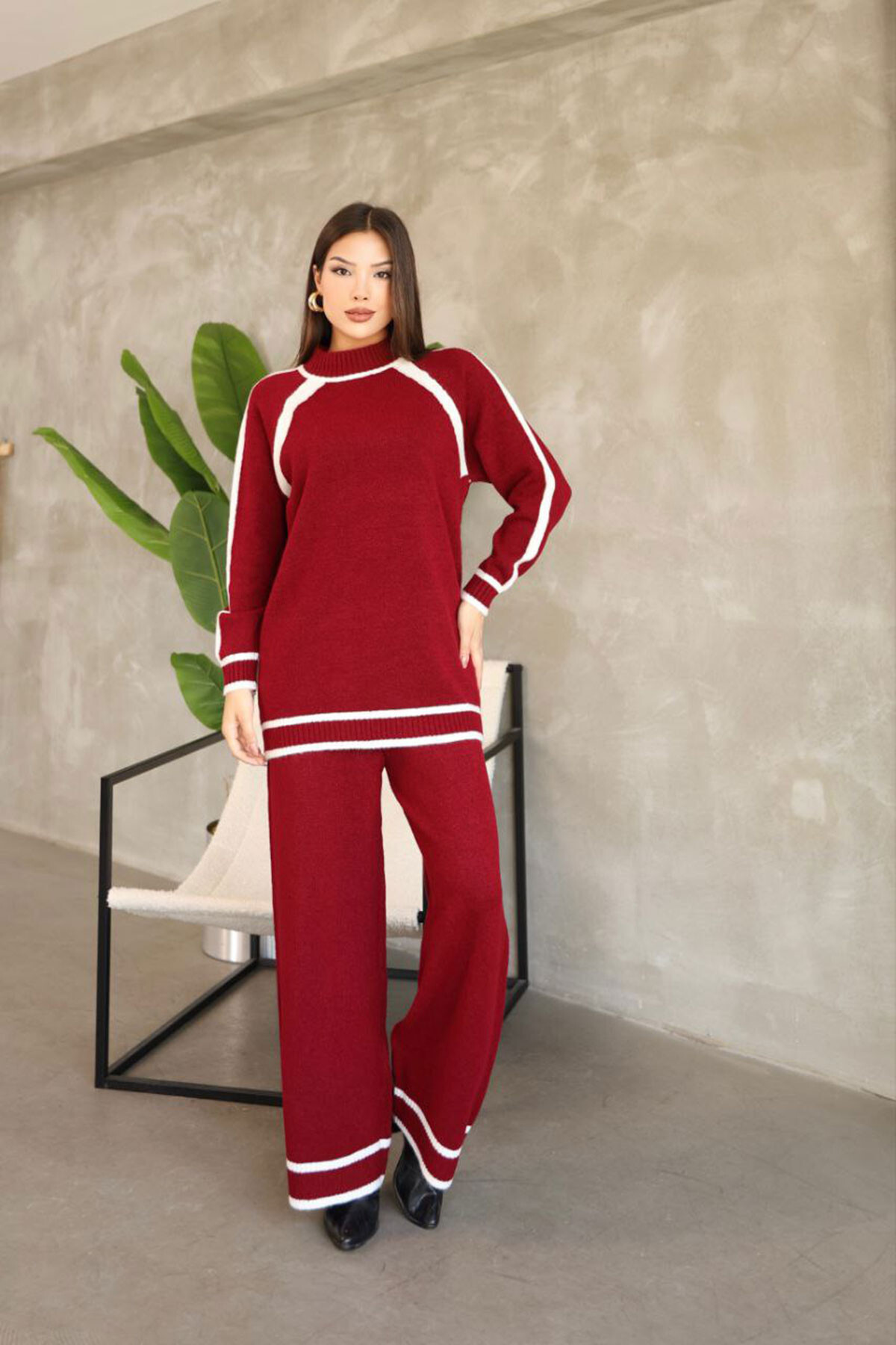 Bordo Çizgi Detaylı Bisiklet Yaka Tunik Ve Geniş Paça Triko Alt Üst Takım