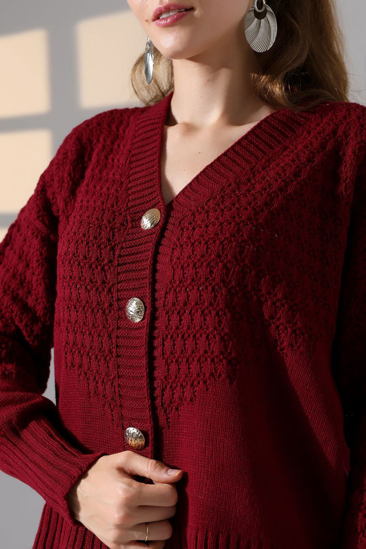 Bordo Motif Desenli Düğmeli Triko Hırka