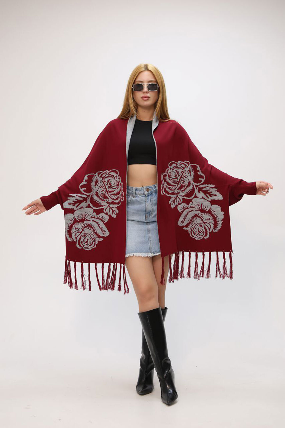 Bordo Motifli Triko Şal
