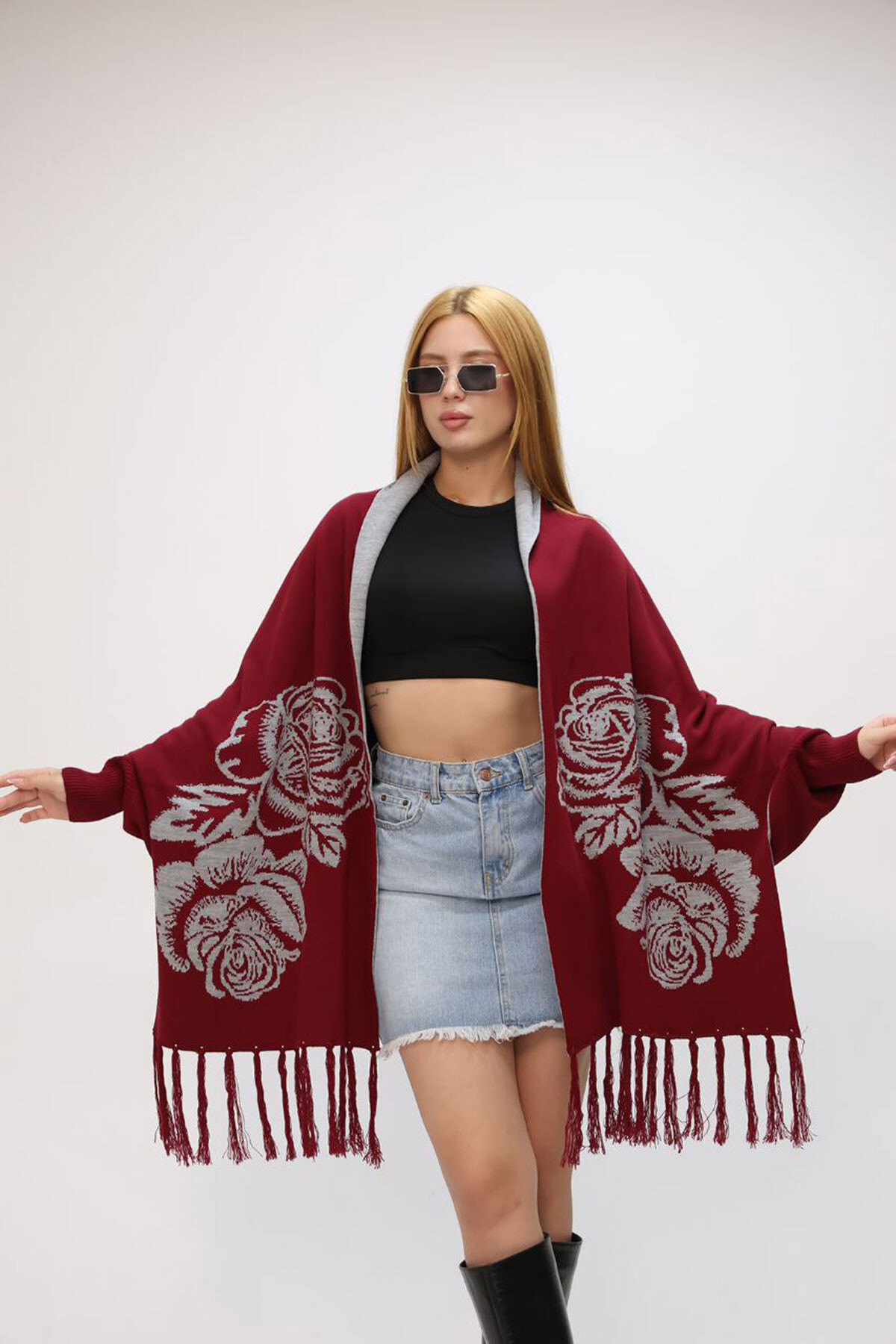 Bordo Motifli Triko Şal
