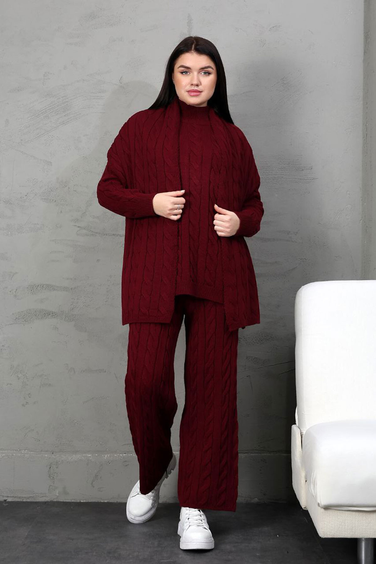 Bordo Örgü Motifli Kazak Hırka Ve Pantolon 3 Lü Triko Takım