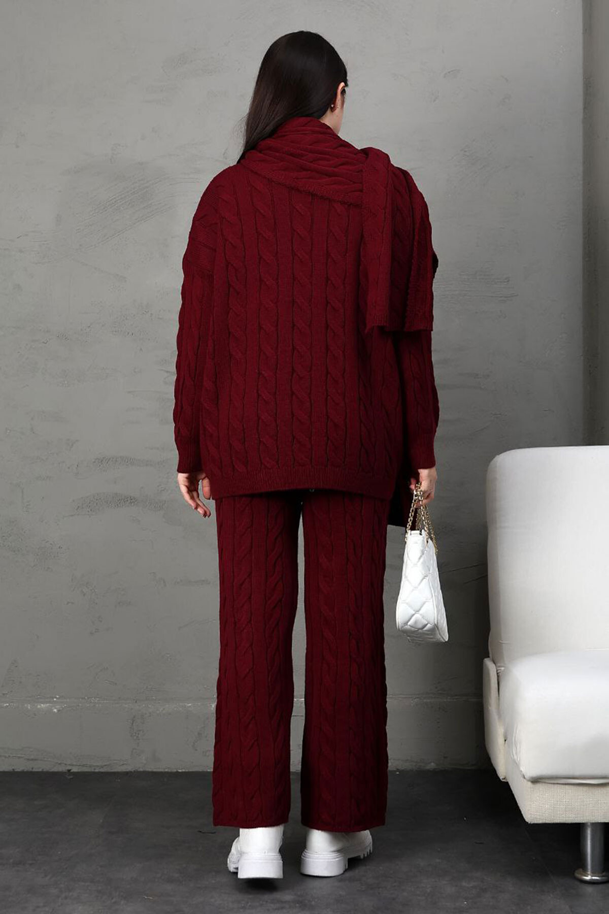 Bordo Örgü Motifli Kazak Hırka Ve Pantolon 3 Lü Triko Takım