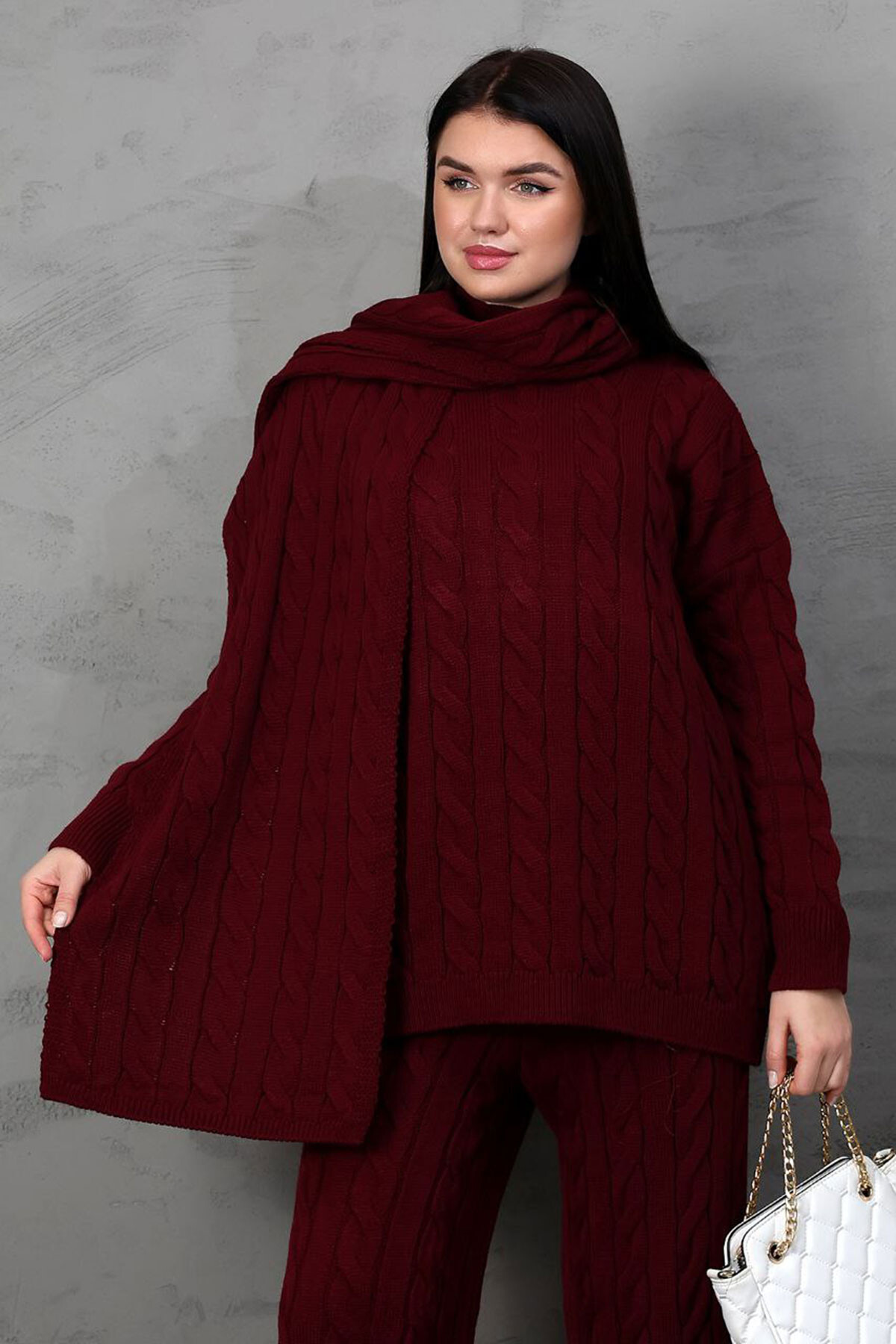 Bordo Örgü Motifli Kazak Hırka Ve Pantolon 3 Lü Triko Takım