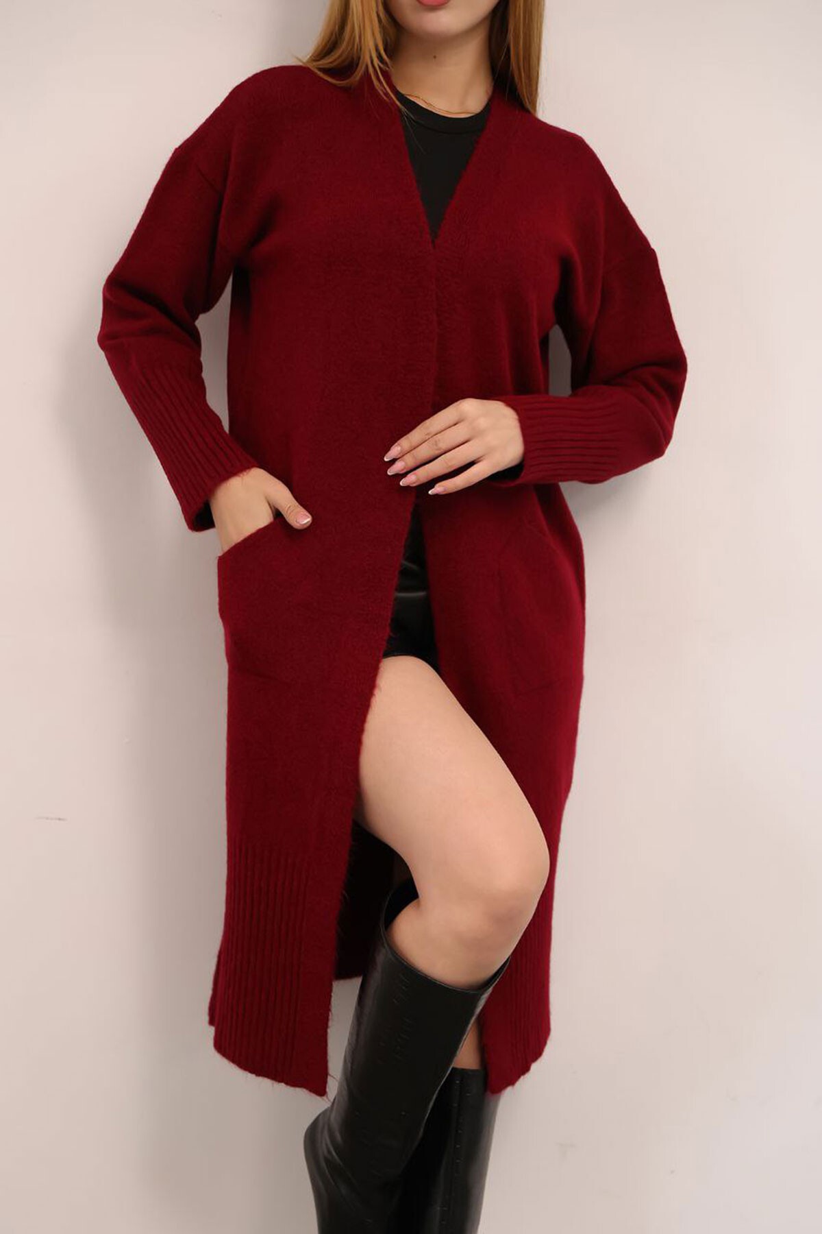Bordo Salaş Yumuşak Dokulu Triko Hırka