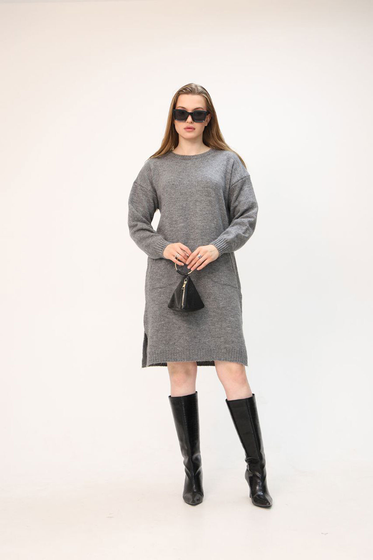 Gri Çift Cepli Bisiklet Yaka Tunik Elbise