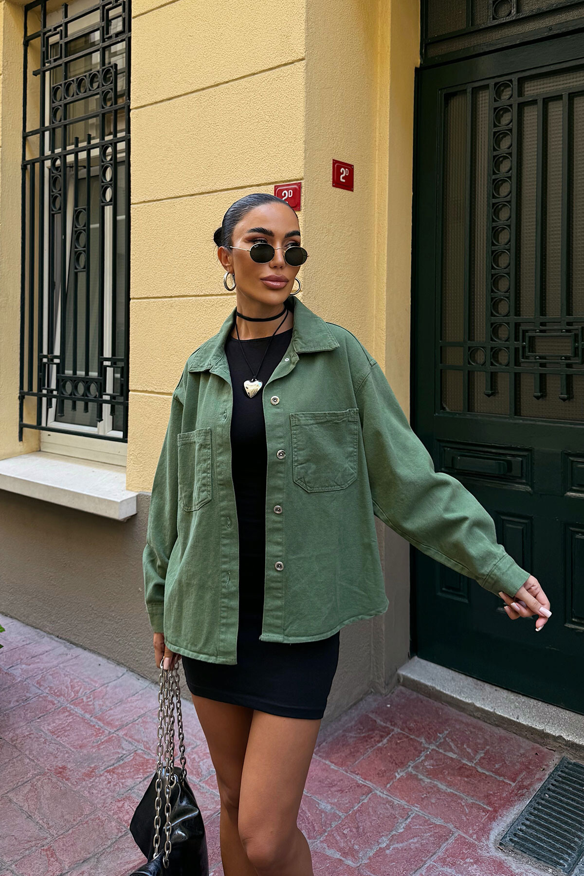 Haki Çift Cepli Yıkamalı Denim Gömlek Ceket