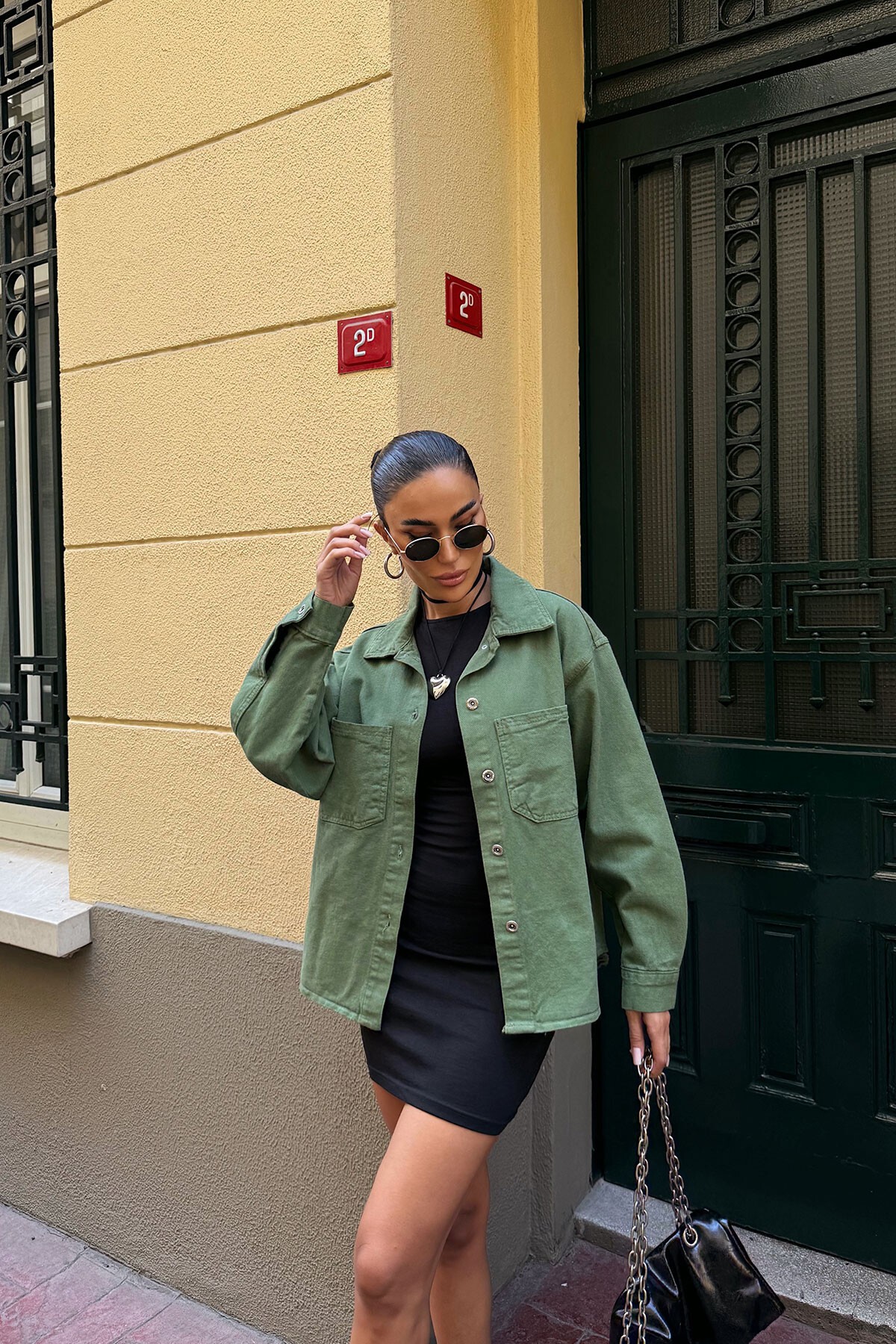 Haki Çift Cepli Yıkamalı Denim Gömlek Ceket