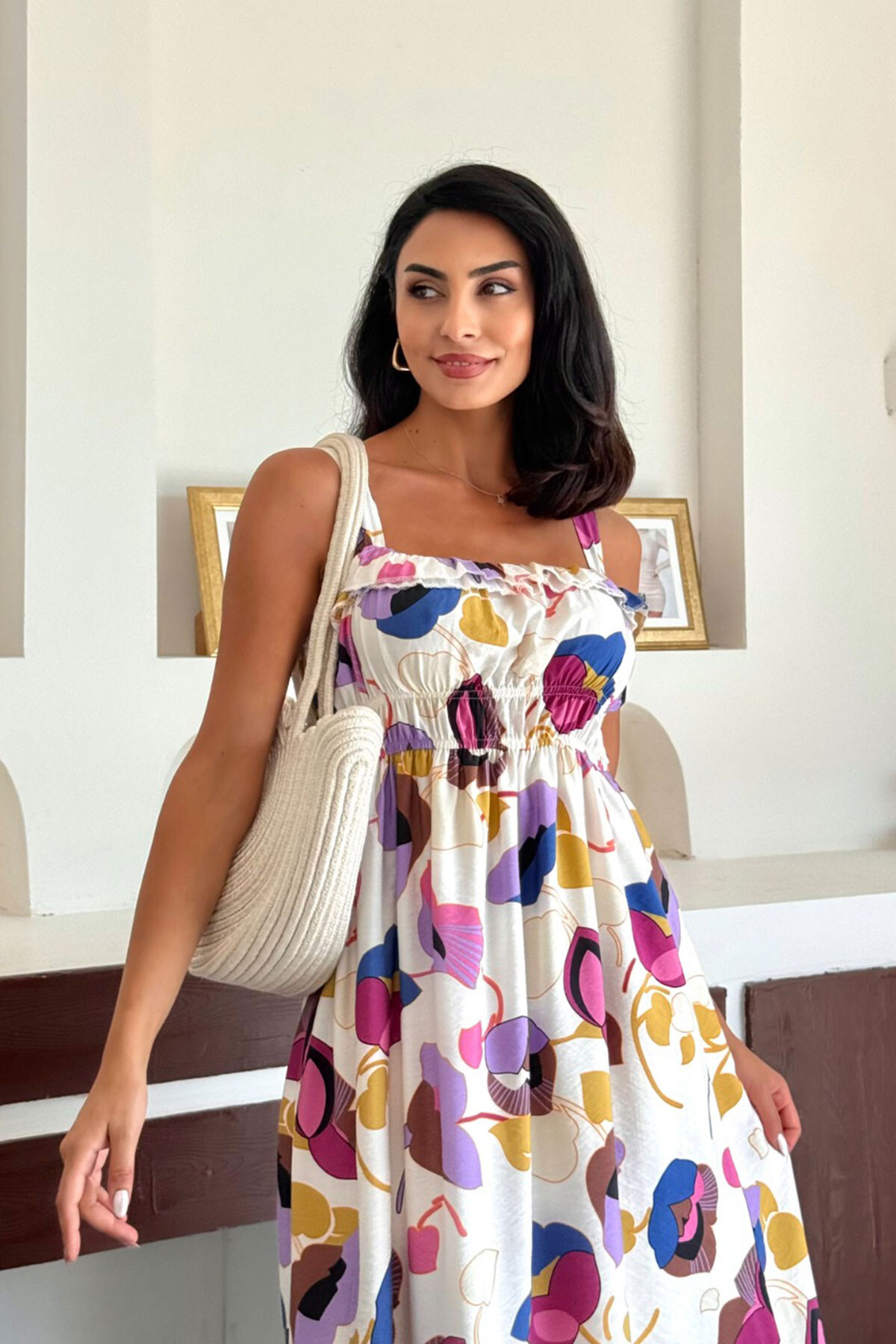 Lila Desenli Askılı Gipeli İçi Jüpon Astarlı Pamuk Premium Dokuma Elbise