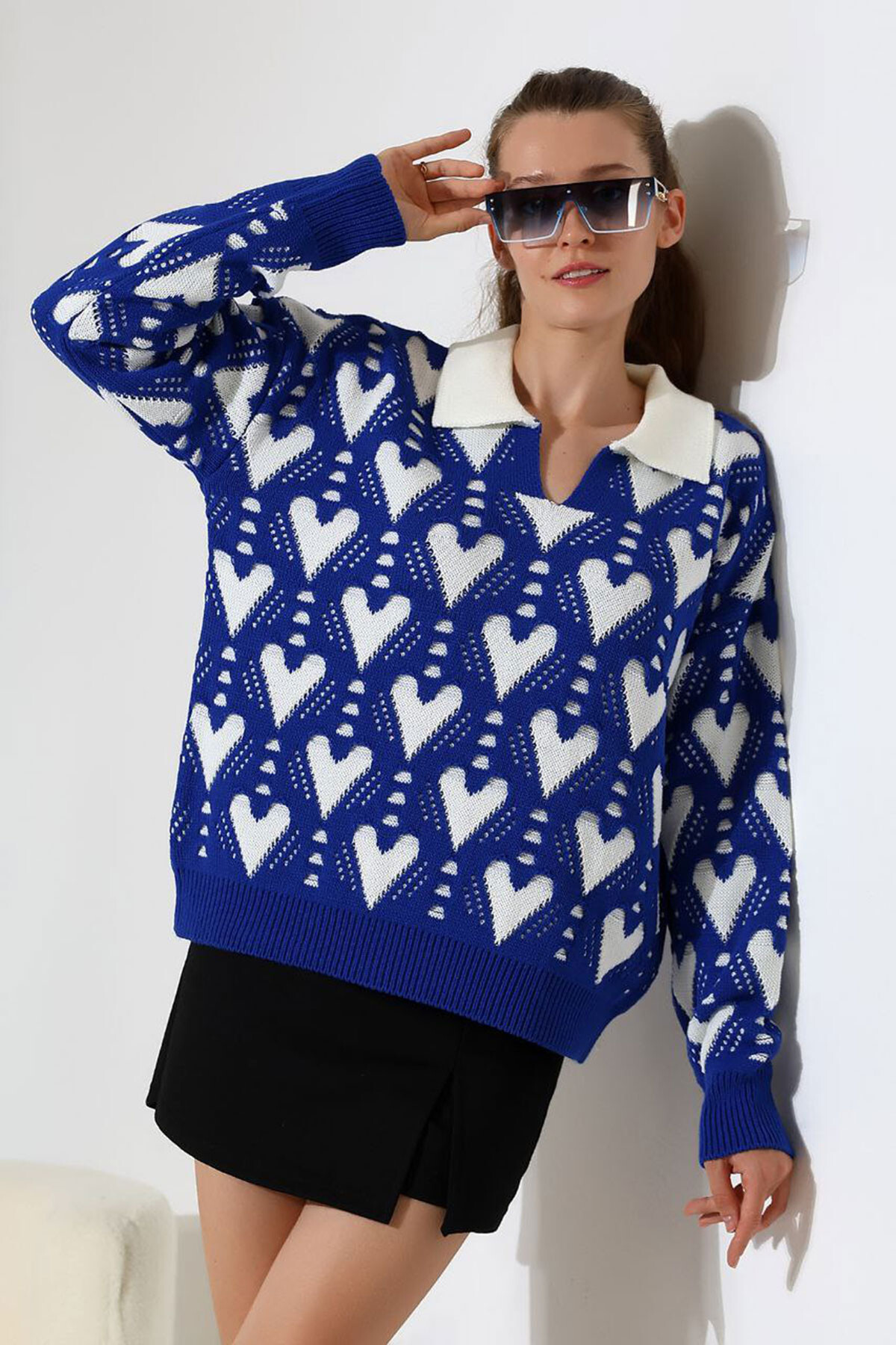 Saks Polo Yaka Kalp Desenli Triko Kazak