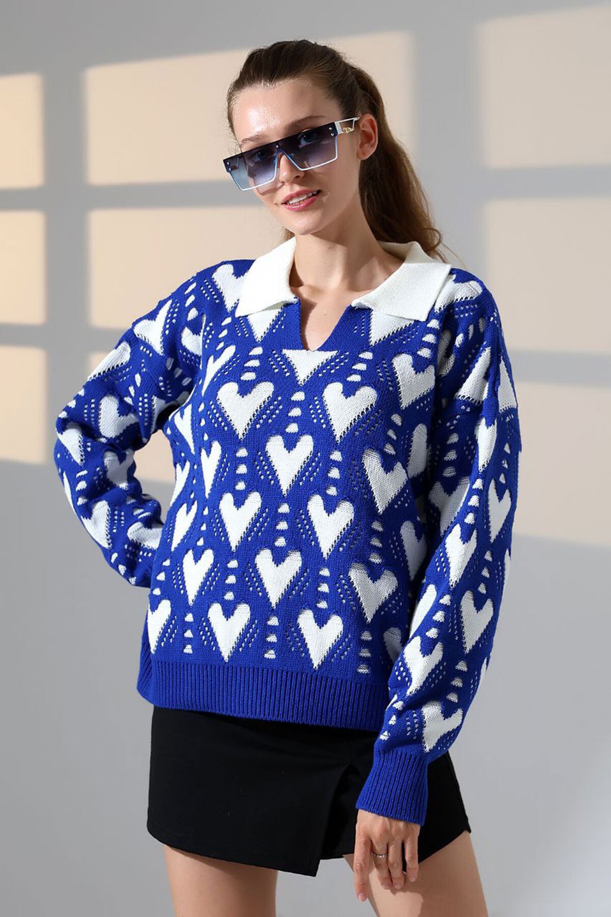Saks Polo Yaka Kalp Desenli Triko Kazak