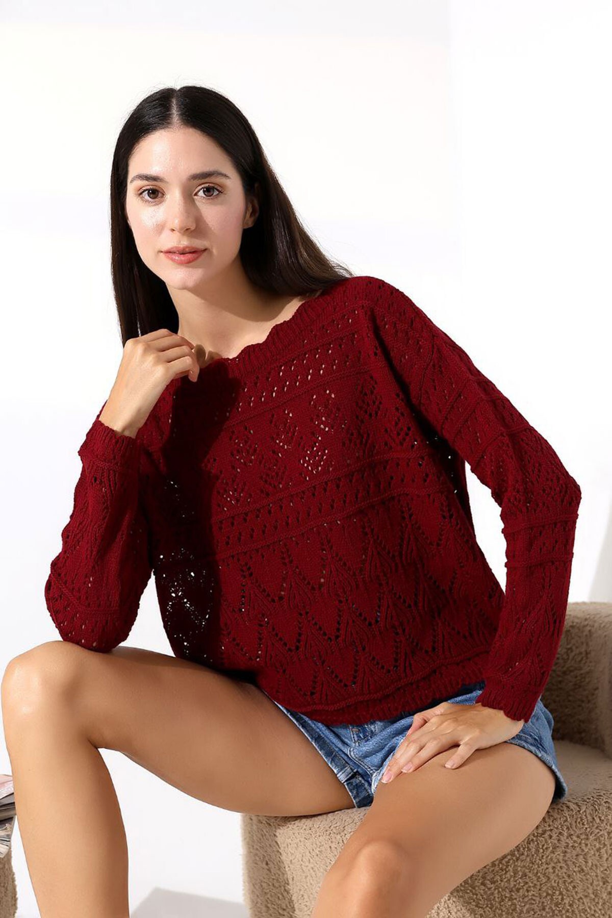 Bordo Bisiklet Yaka Dantel Motifli Triko Kazak
