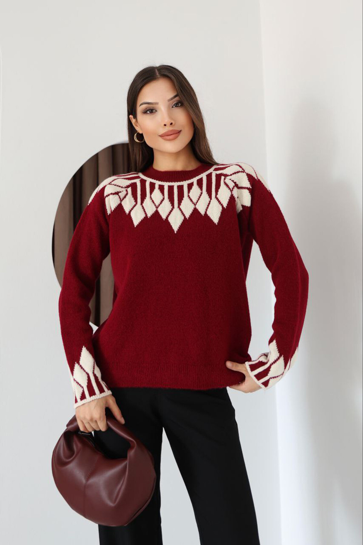 Bordo Bisiklet Yaka Desenli Triko Kazak