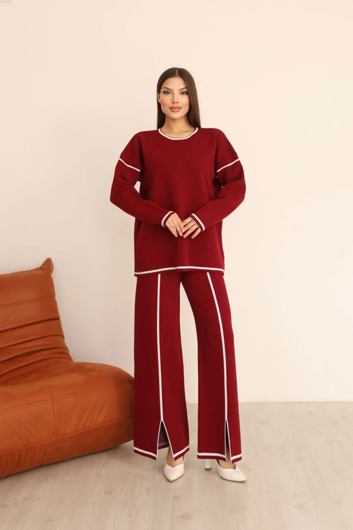 Bordo Çizgi Desenli Triko Kazak Ve Yırtmaçlı Pantolon Triko Alt Üst Takım