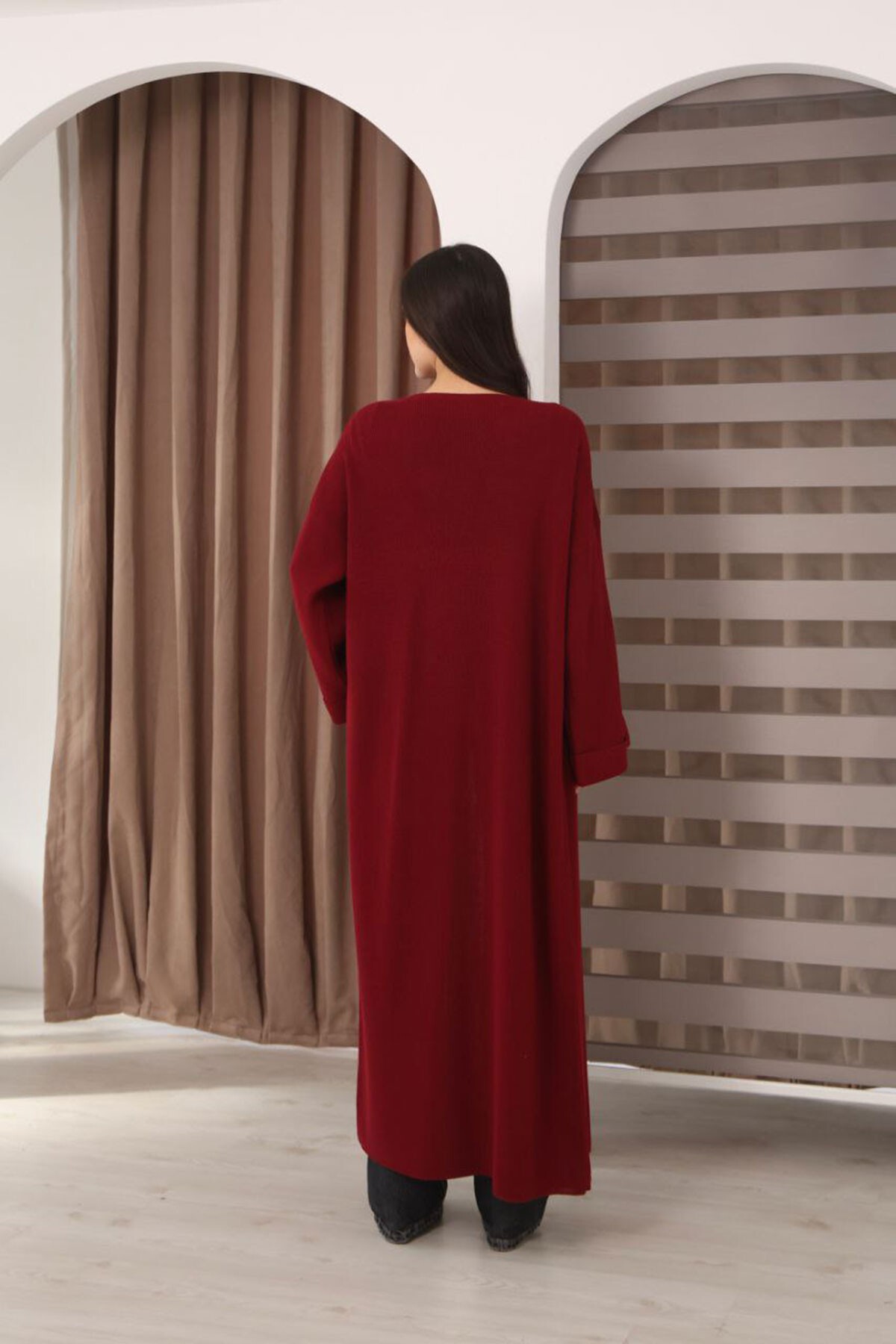 Bordo Duble Kol Oversize Uzun Salaş Triko Hırka