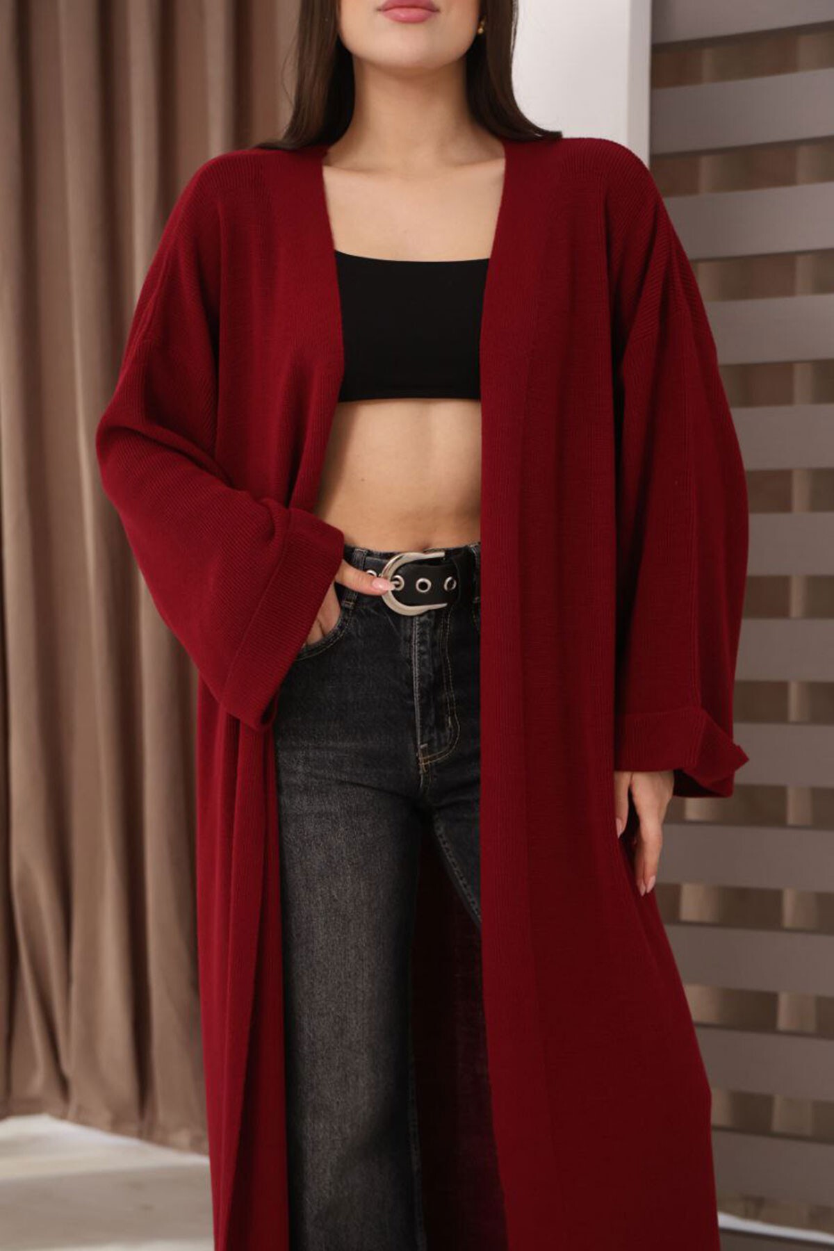 Bordo Duble Kol Oversize Uzun Salaş Triko Hırka
