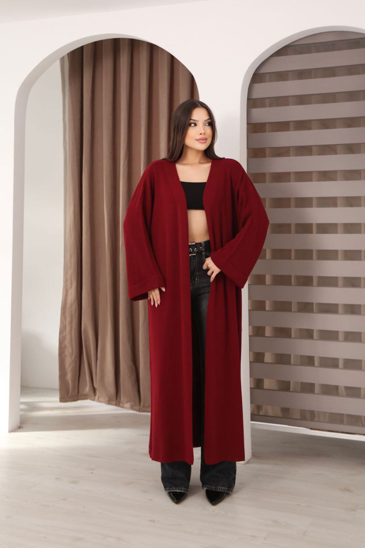 Bordo Duble Kol Oversize Uzun Salaş Triko Hırka