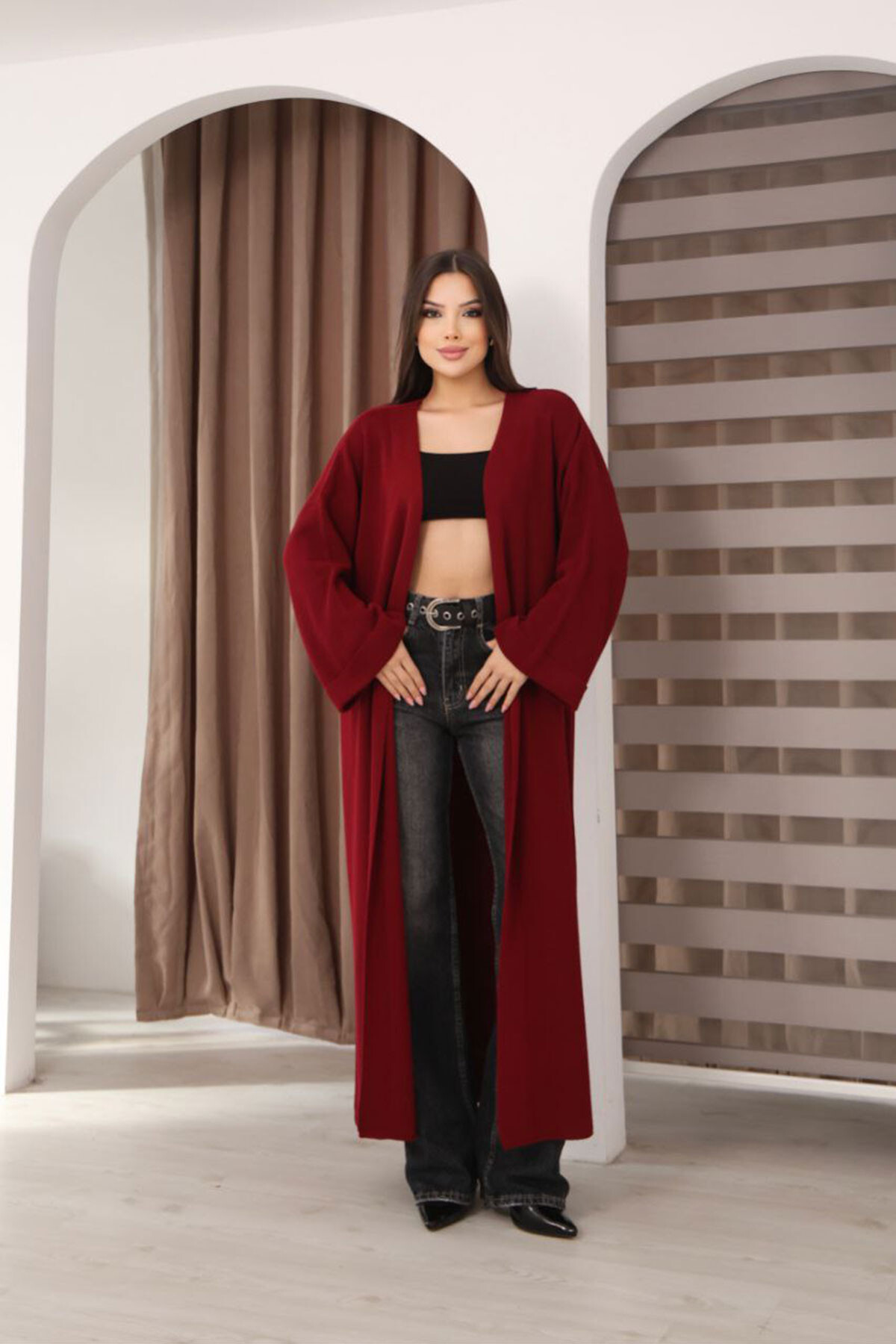 Bordo Duble Kol Oversize Uzun Salaş Triko Hırka